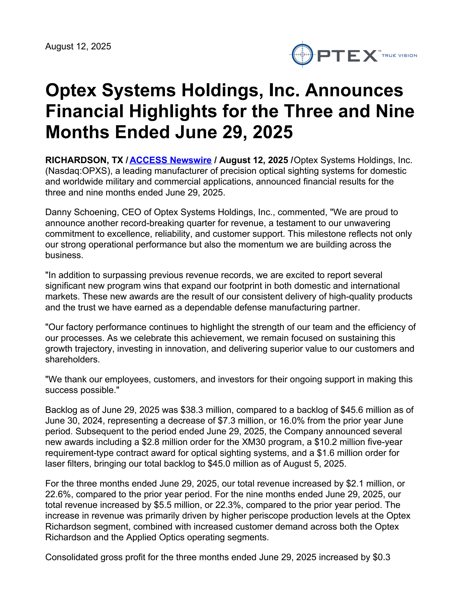 Optex Systems' Q3 2025 Earnings Release
