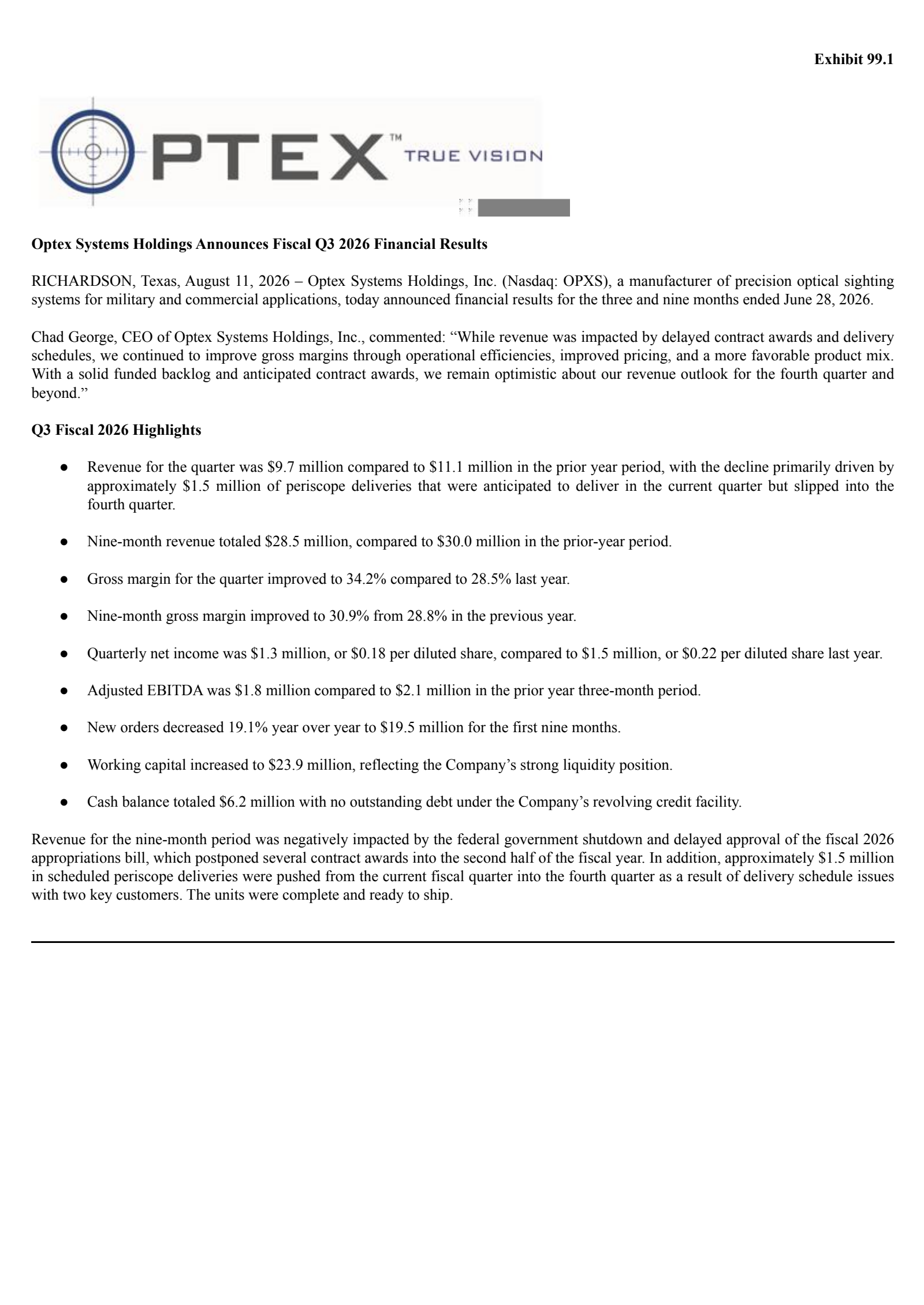 Optex Systems' Q3 2026 Press Release