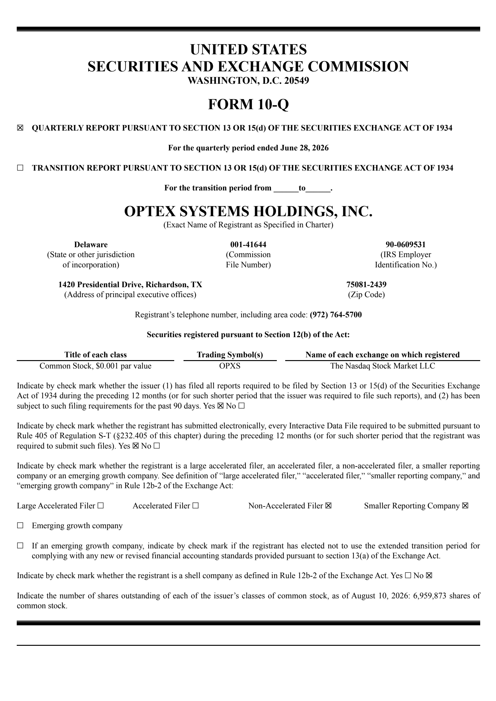 Optex Systems' Q3 2026 Quarterly report