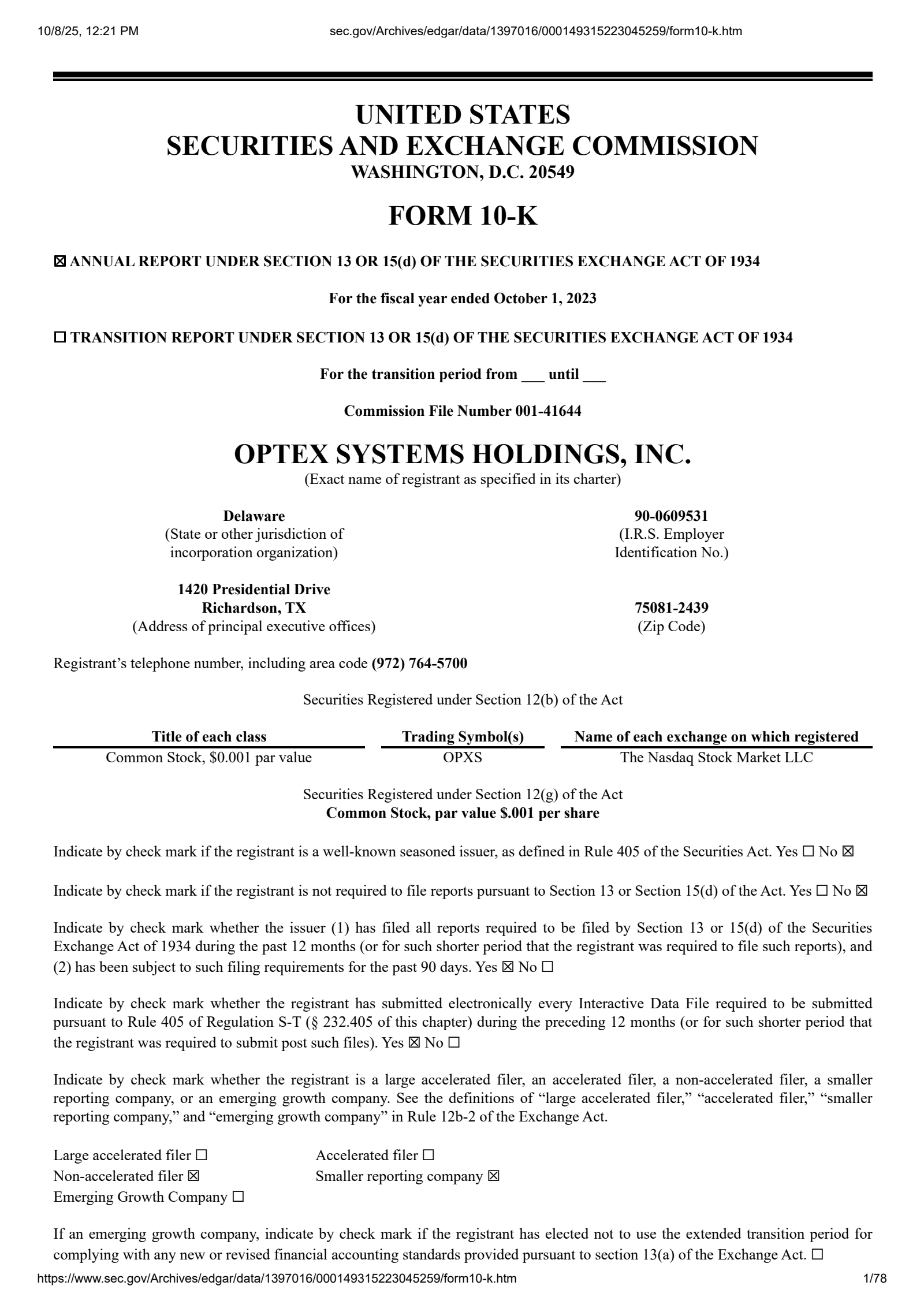 Optex Systems' Q4 2023 Annual Report