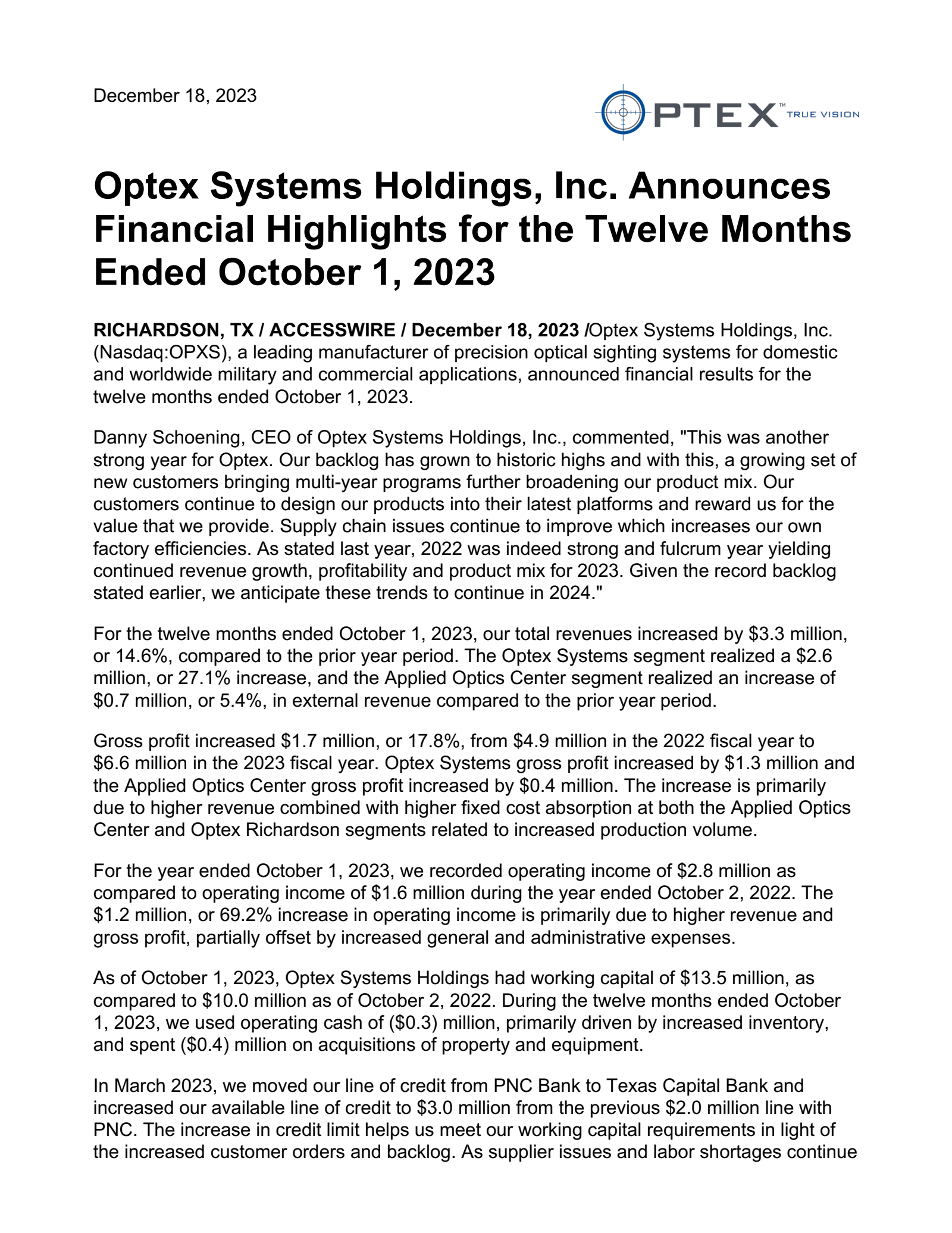 Optex Systems' Q4 2023 Earnings Release