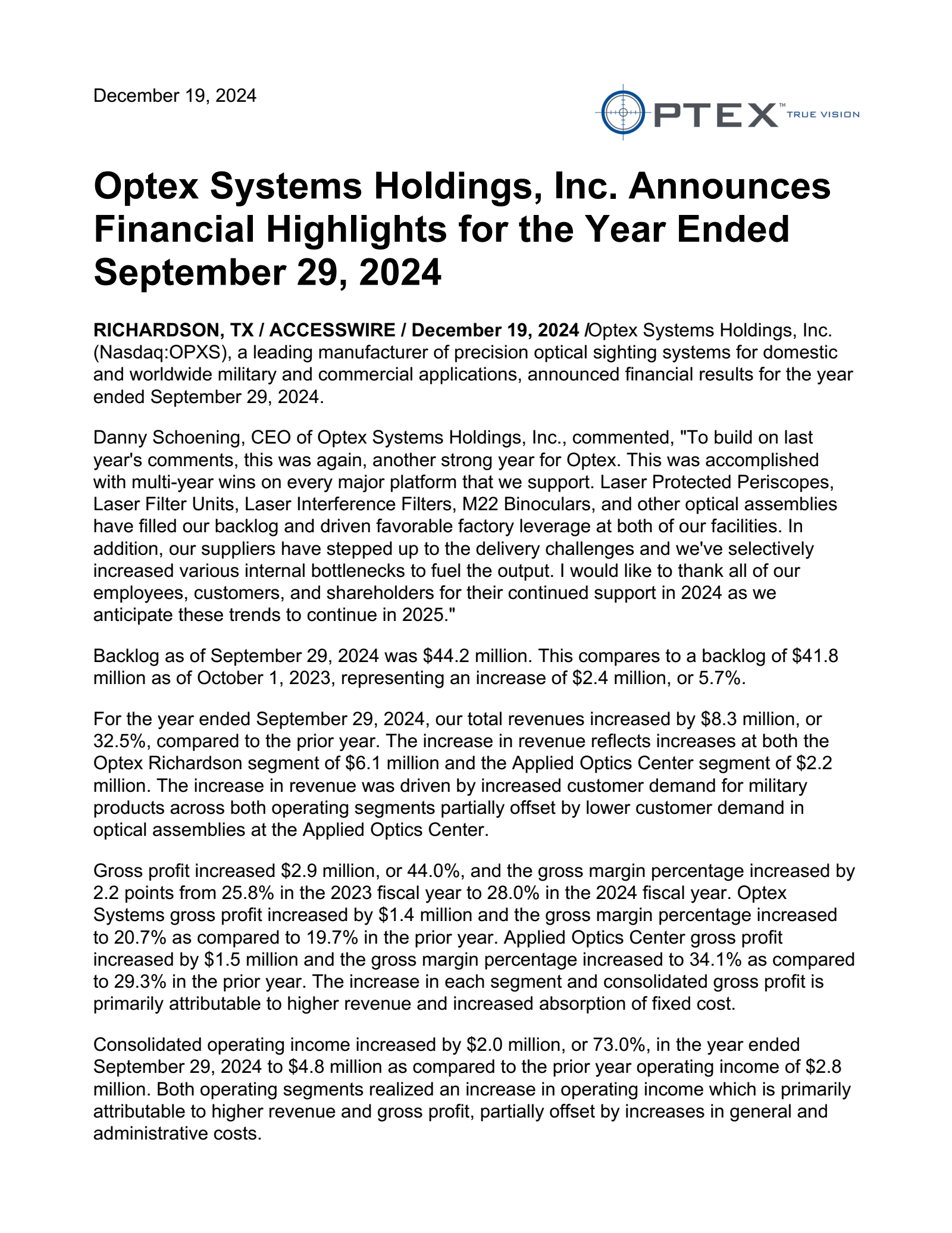 Optex Systems' Q4 2024 Earnings Release