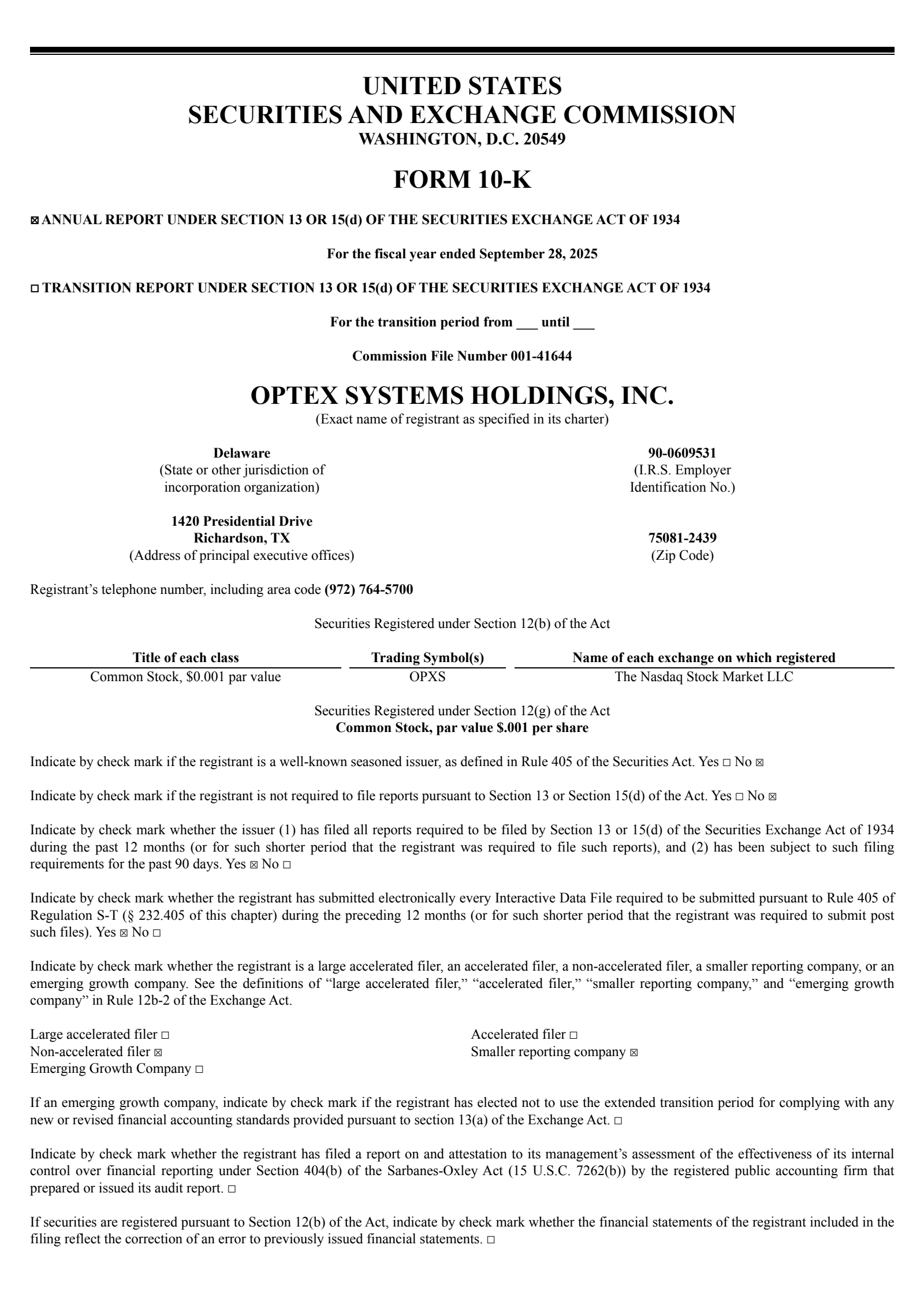 Optex Systems' Q4 2025 Annual Report
