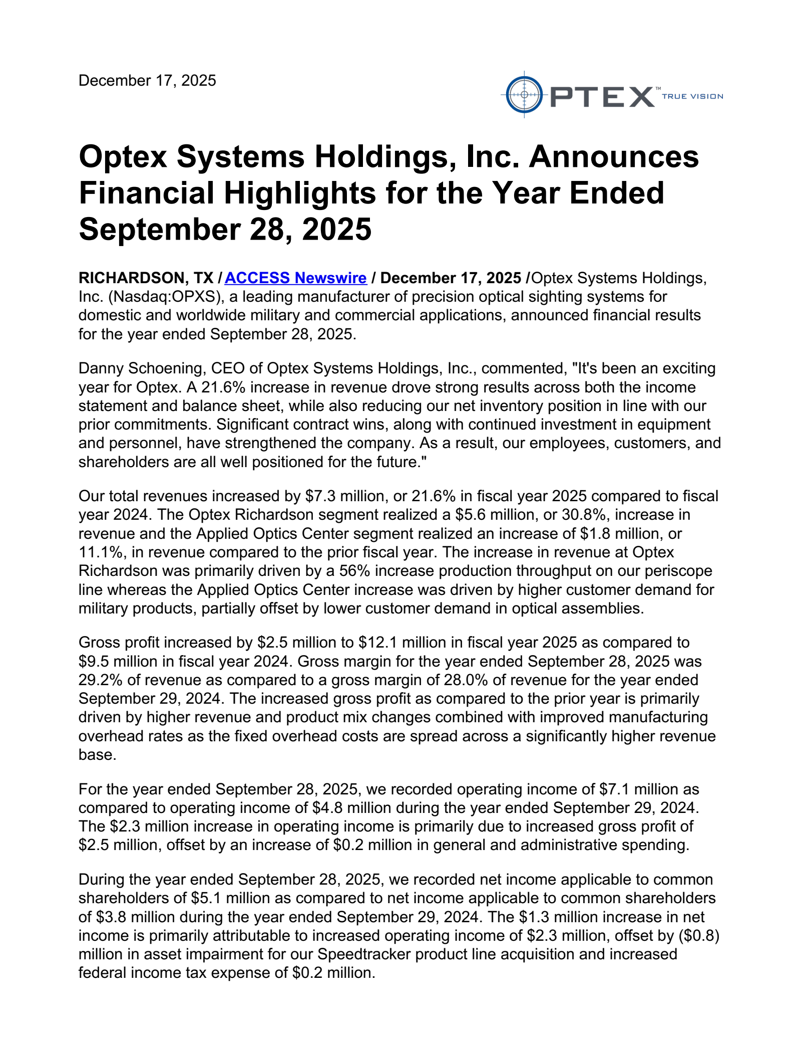 Optex Systems' Q4 2025 Earnings Release