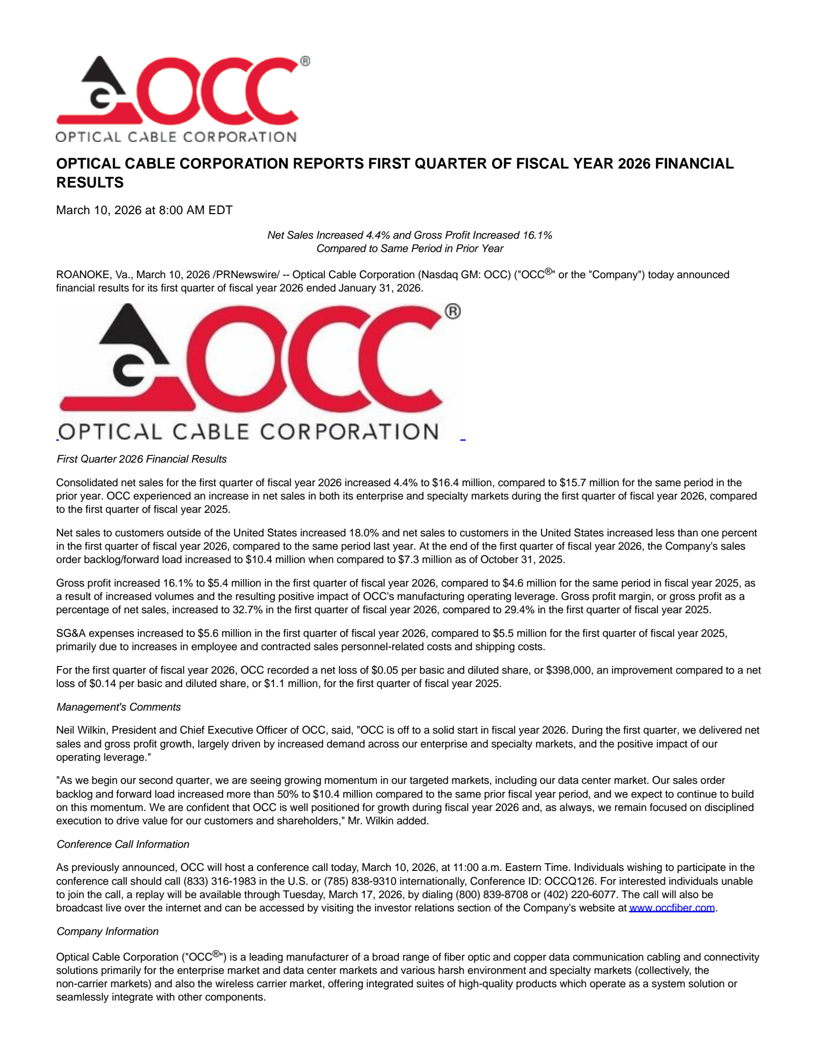 Optical Cable's Q1 2026 Press Release