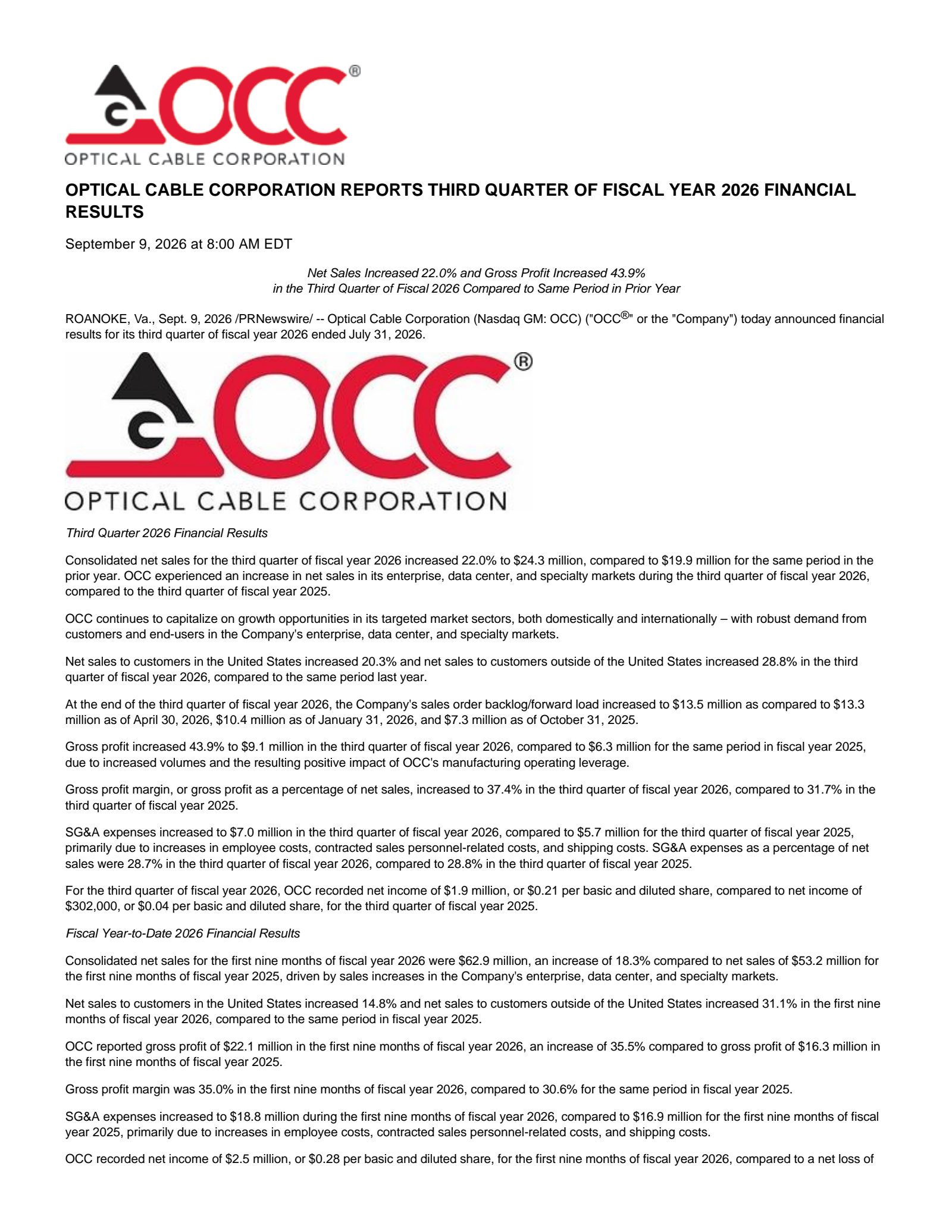 Optical Cable's Q3 2026 Press Release
