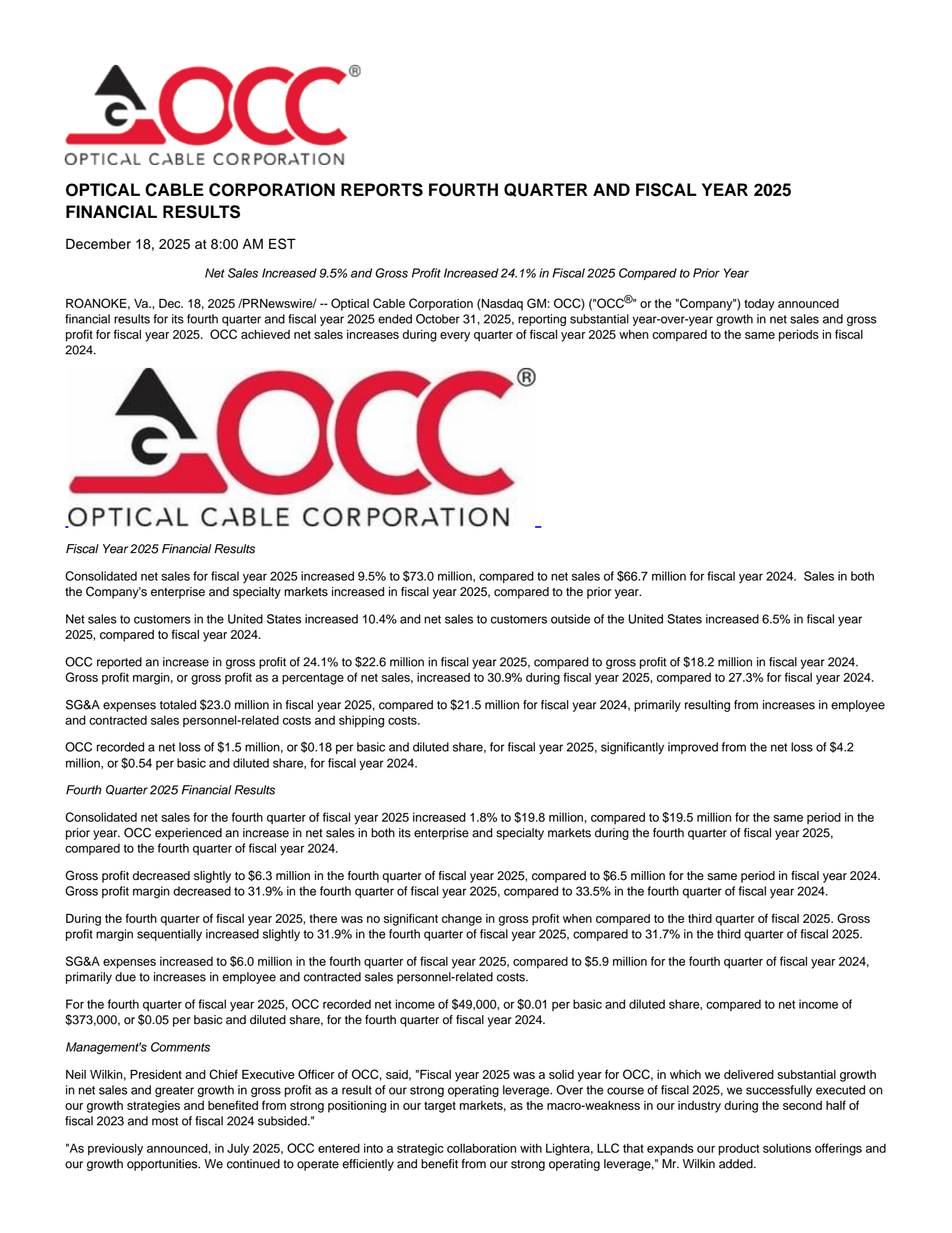 Optical Cable's Q4 2025 Earnings Release