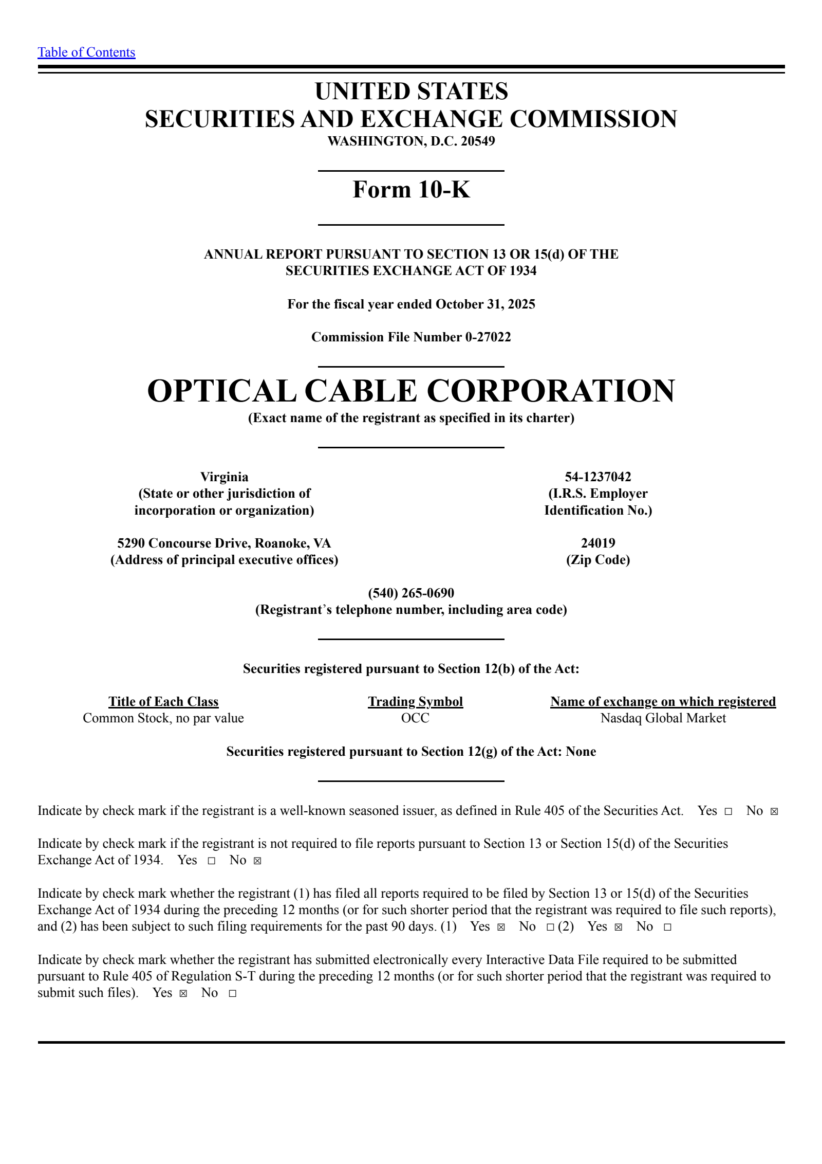 Optical Cable's Q4 2025 Annual Report