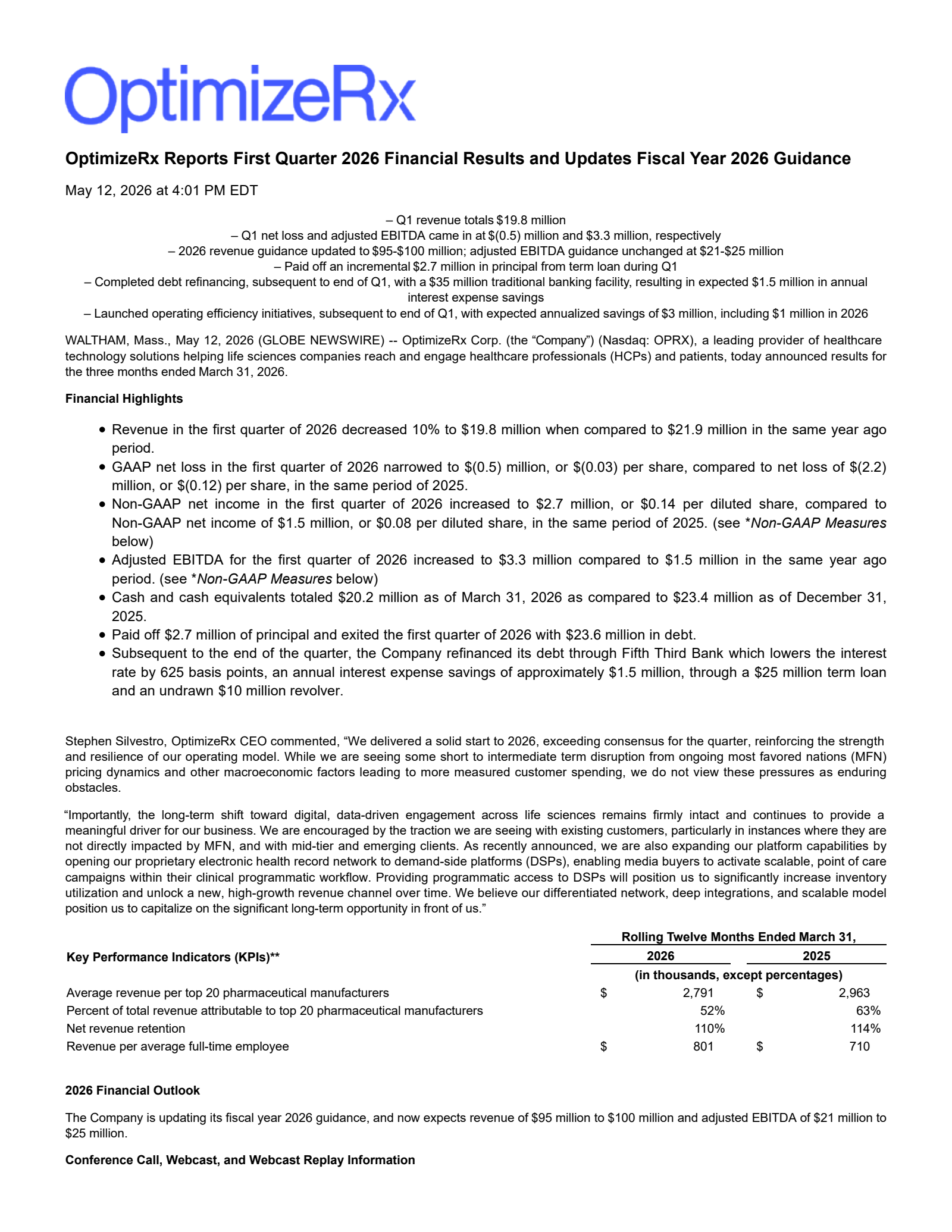 OptimizeRx's Q1 2026 Press Release