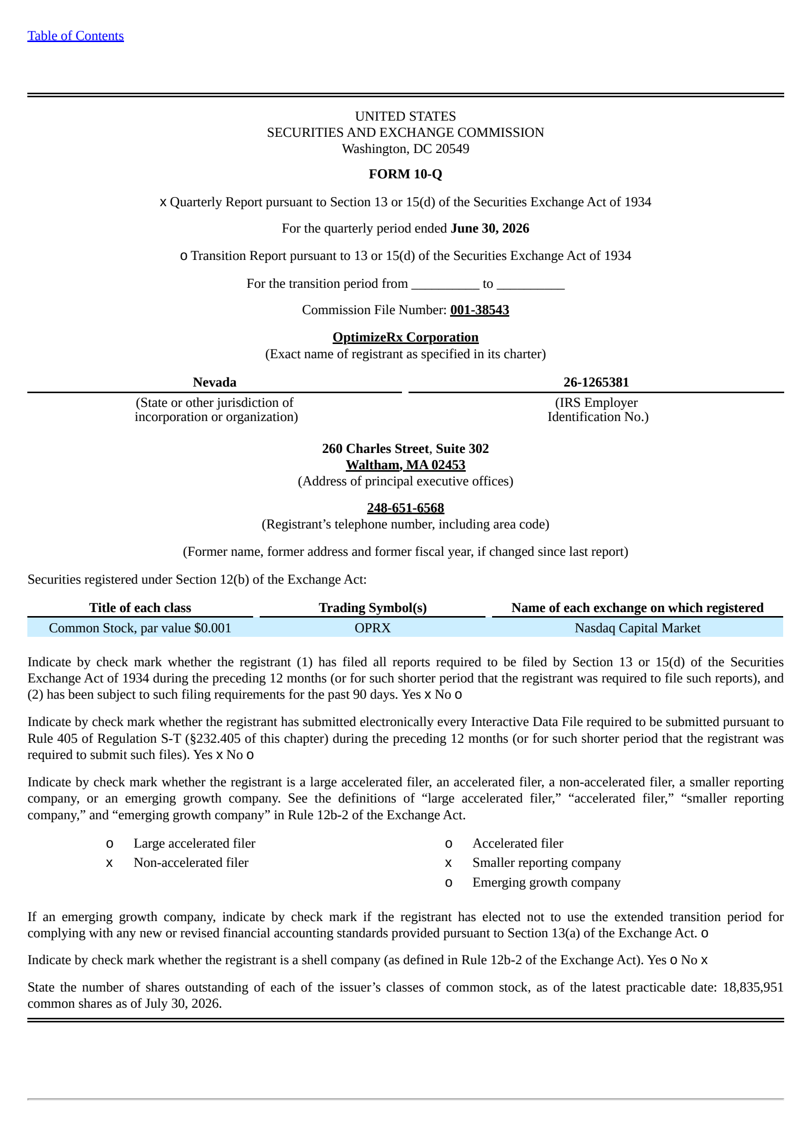 OptimizeRx's Q2 2026 Quarterly report