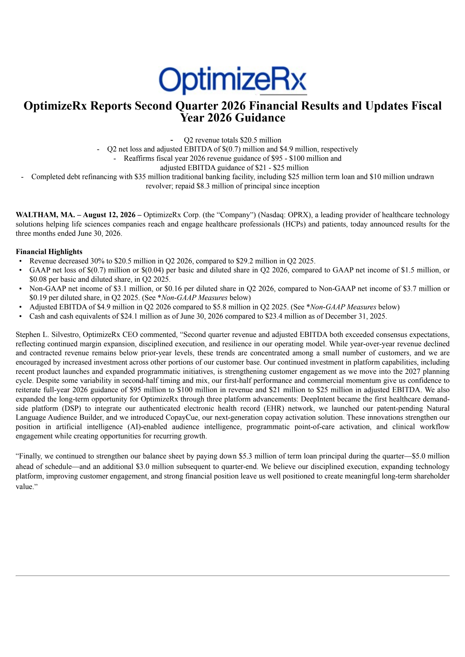 OptimizeRx's Q2 2026 Press Release