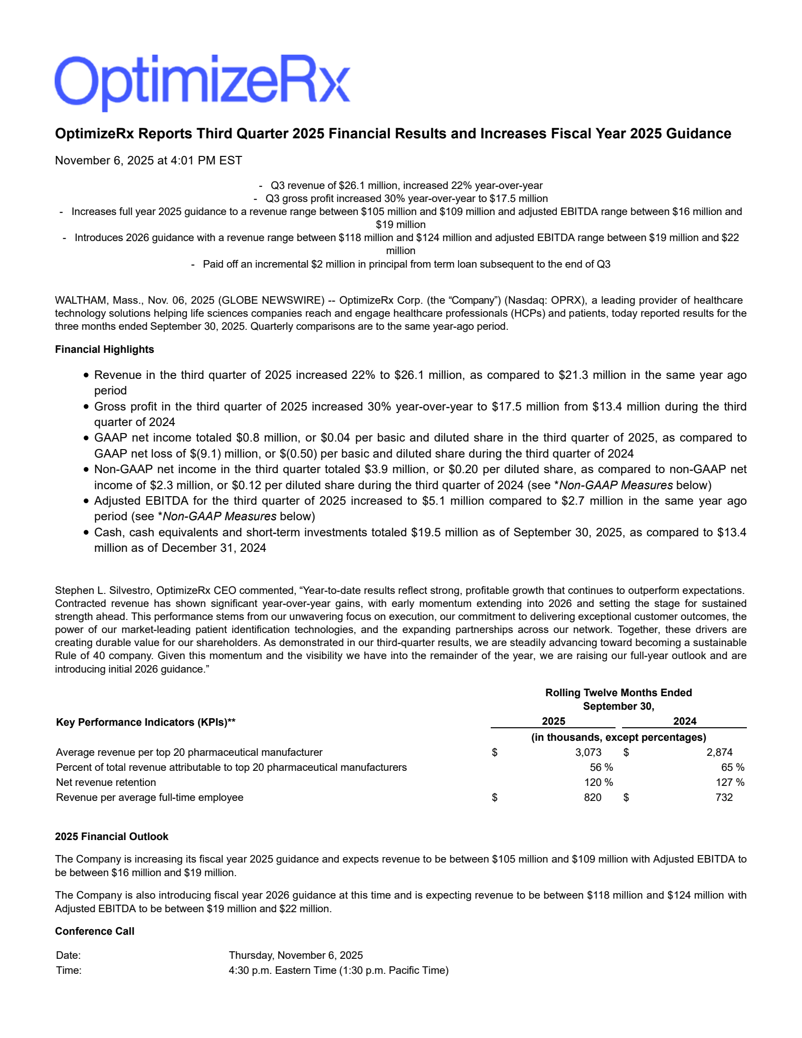 OptimizeRx's Q3 2025 Earnings Release
