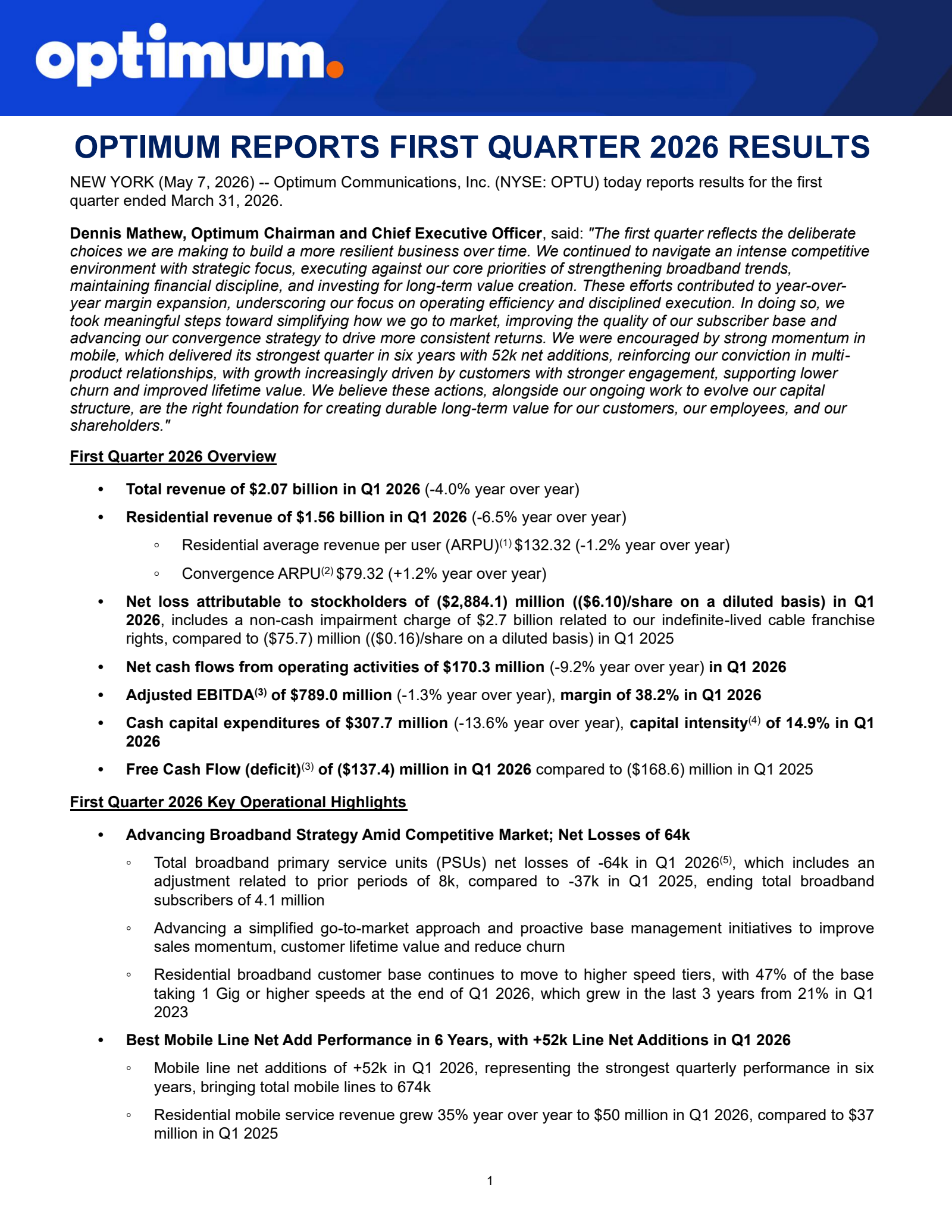 Optimum Communications' Q1 2026 Press Release