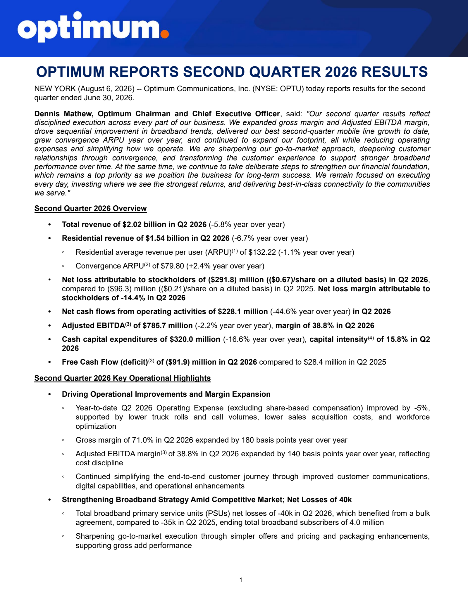 Optimum Communications' Q2 2026 Press Release
