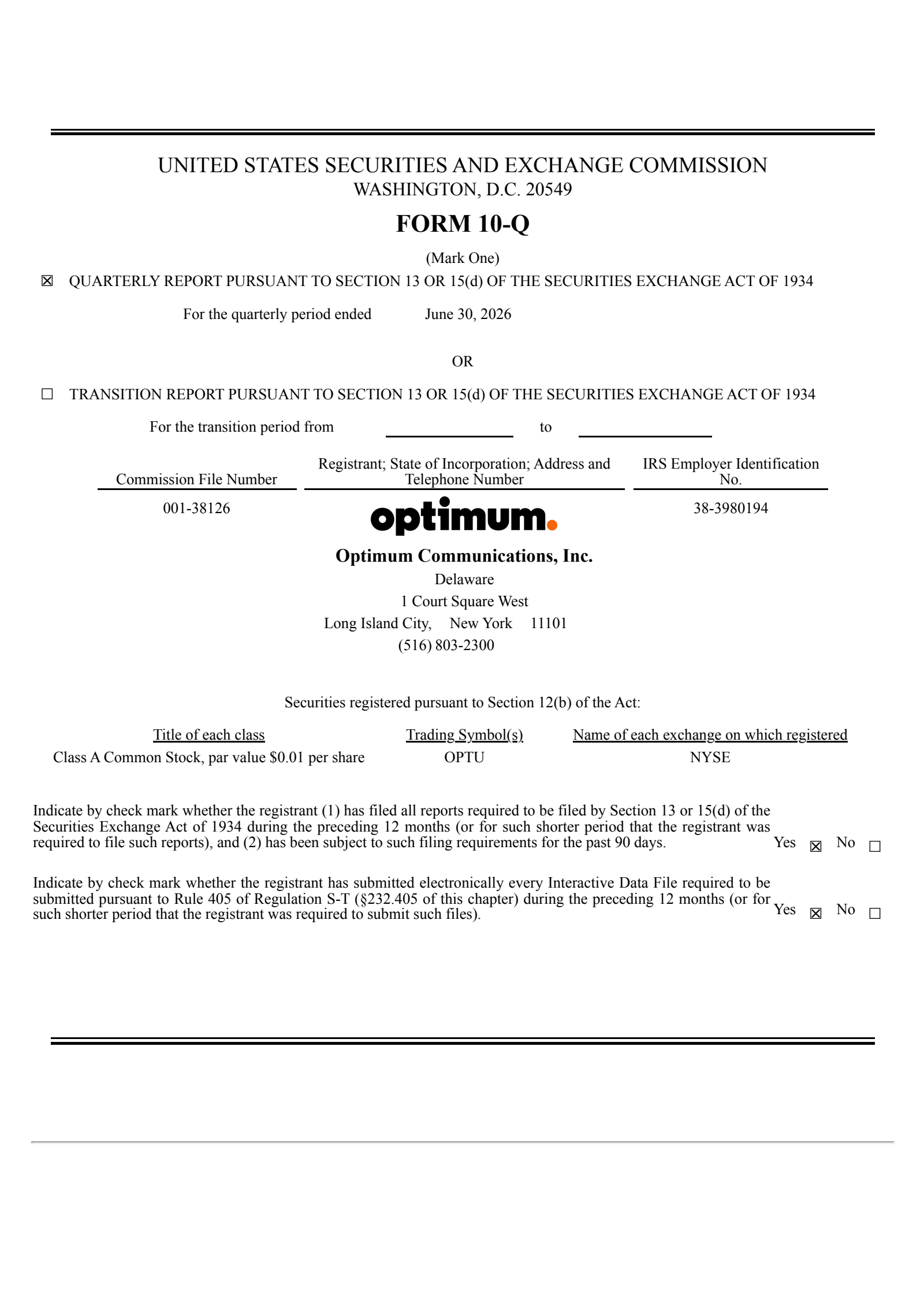Optimum Communications' Q2 2026 Quarterly report