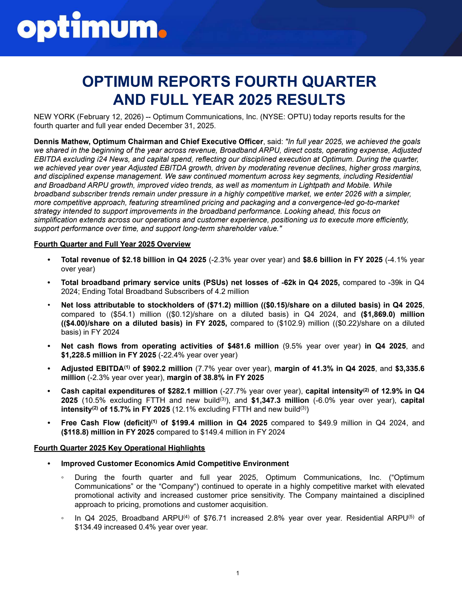 Optimum Communications' Q4 2025 Press Release