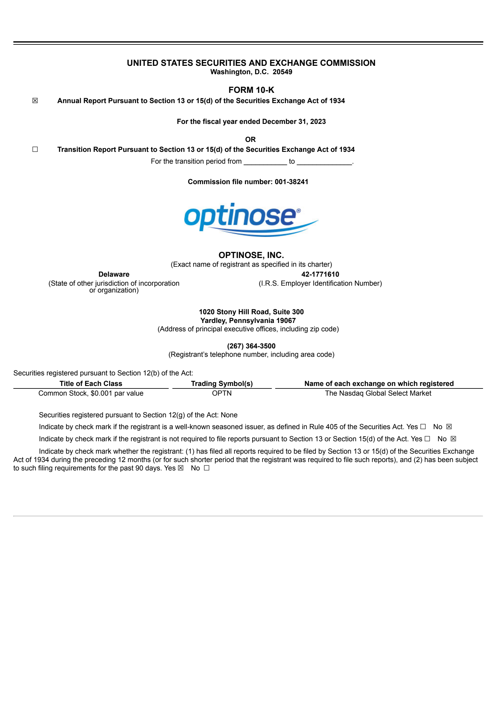 OptiNose's Q4 2023 Annual report