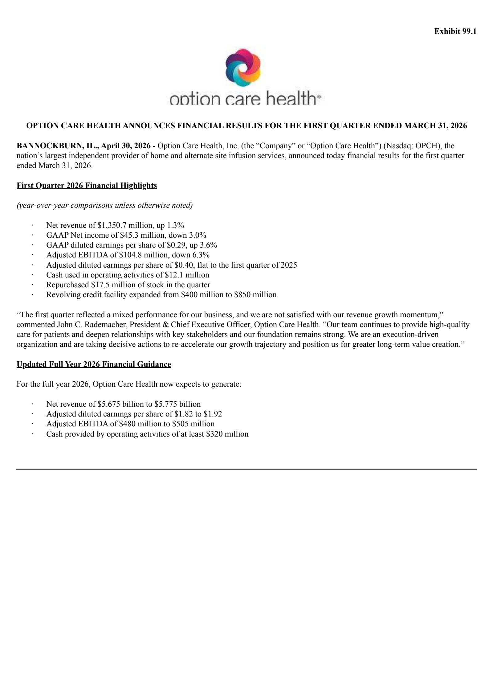 Option Care Health's Q1 2026 Press Release