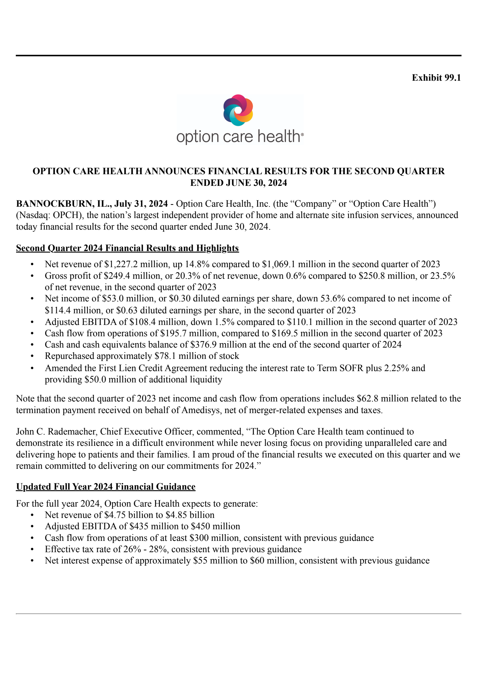 Option Care Health's Q2 2024 Press Release