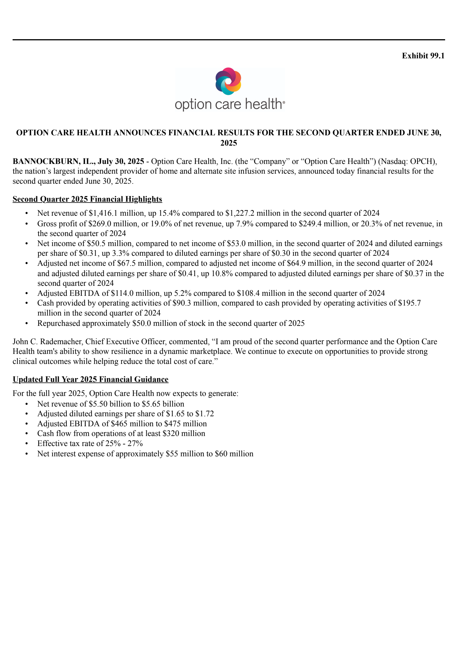 Option Care Health's Q2 2025 Press Release