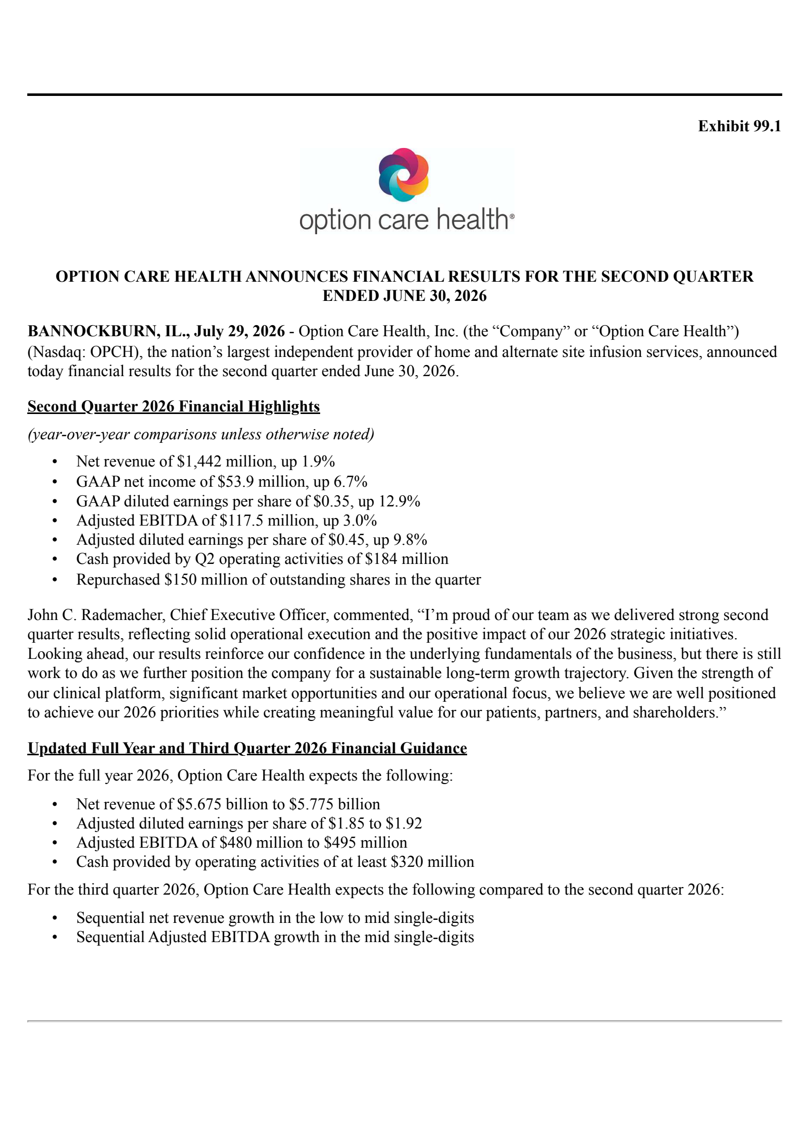 Option Care Health's Q2 2026 Press Release