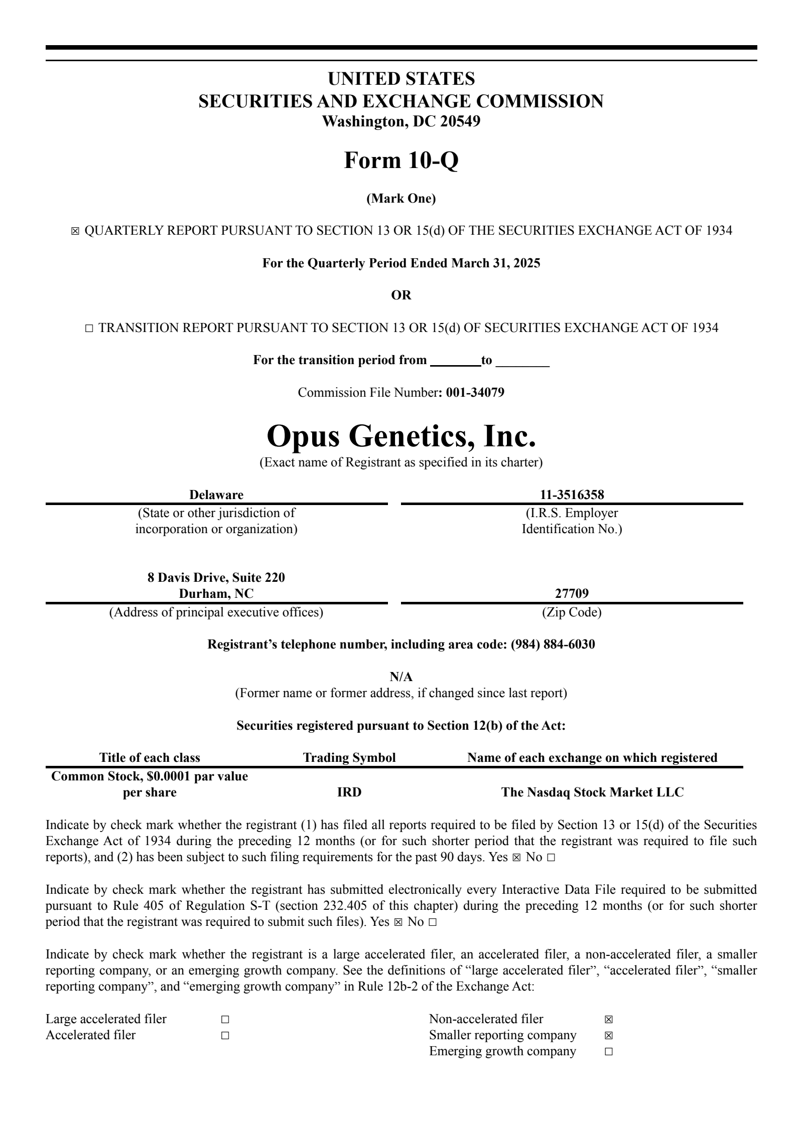 Opus Genetics' Q1 2025 Quarterly report