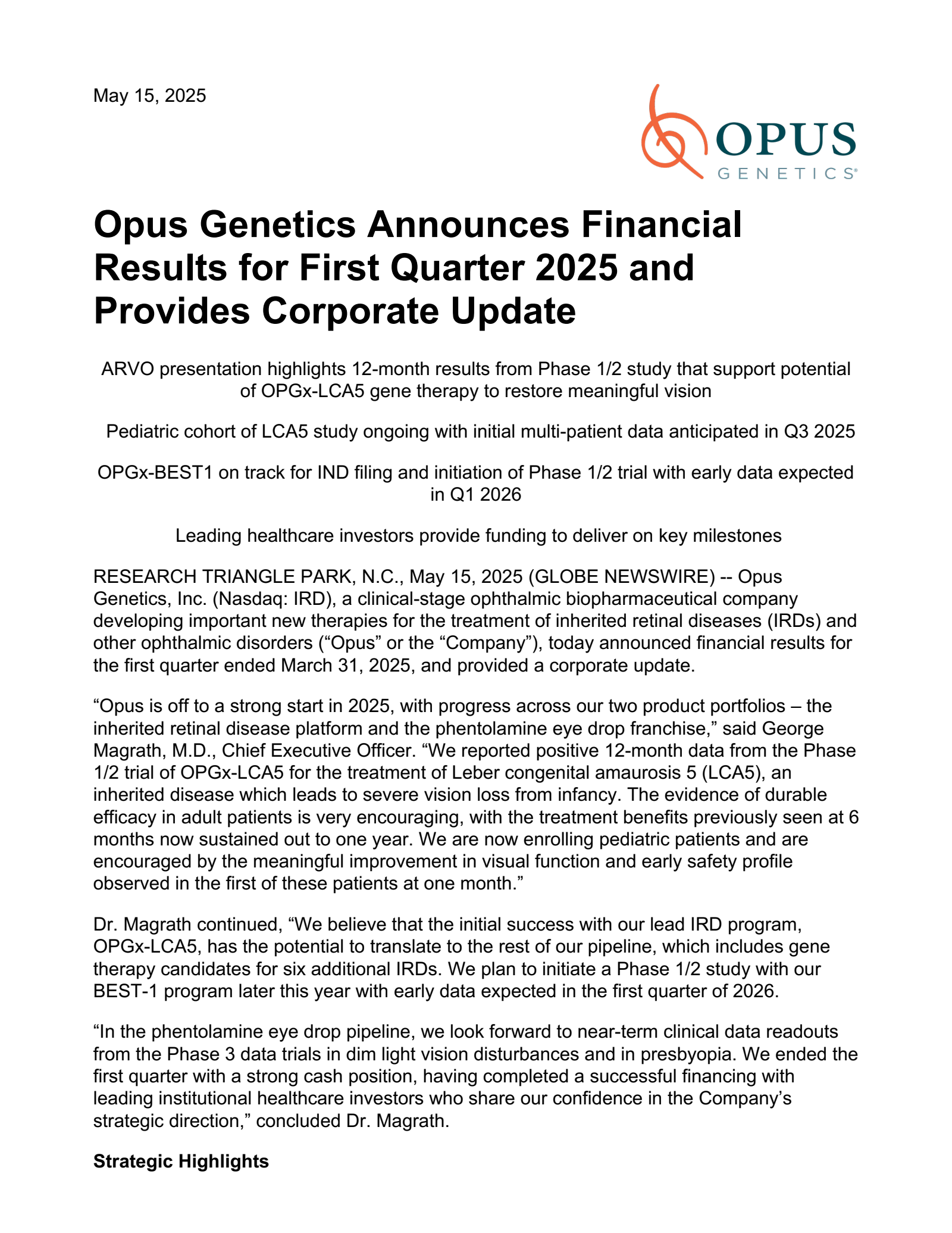 Opus Genetics' Q1 2025 Press Release