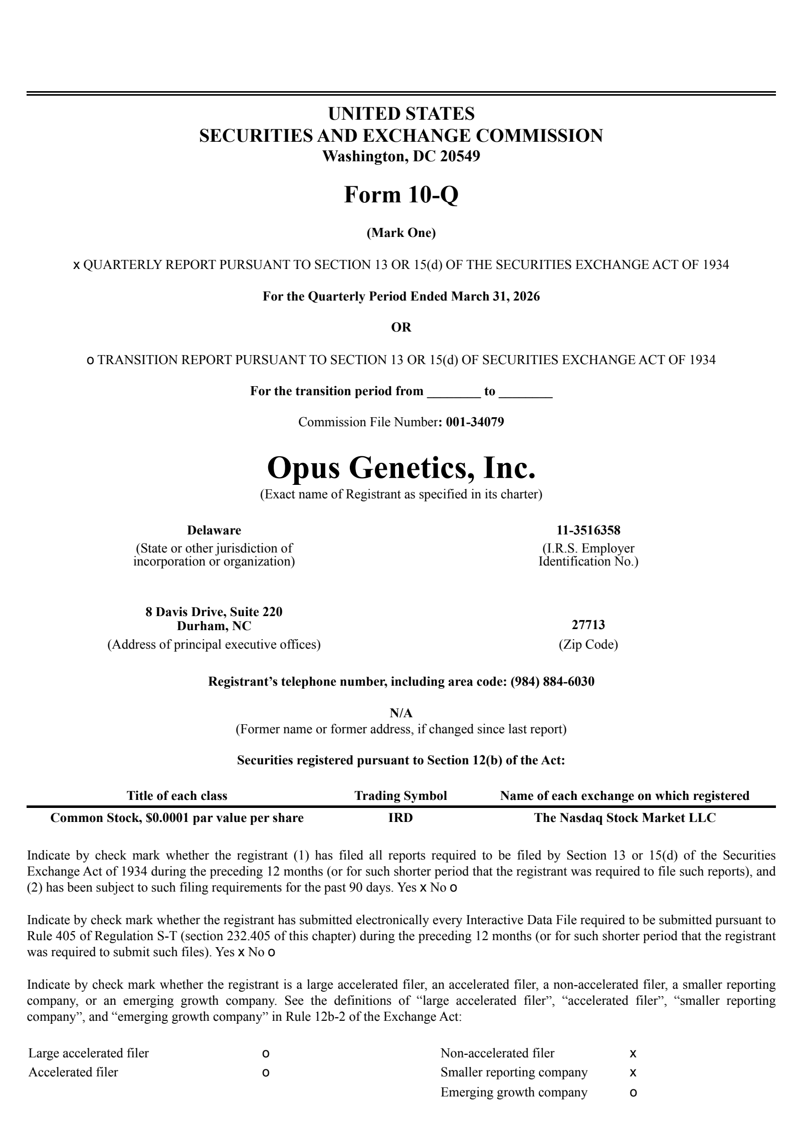 Opus Genetics' Q1 2026 Quarterly report
