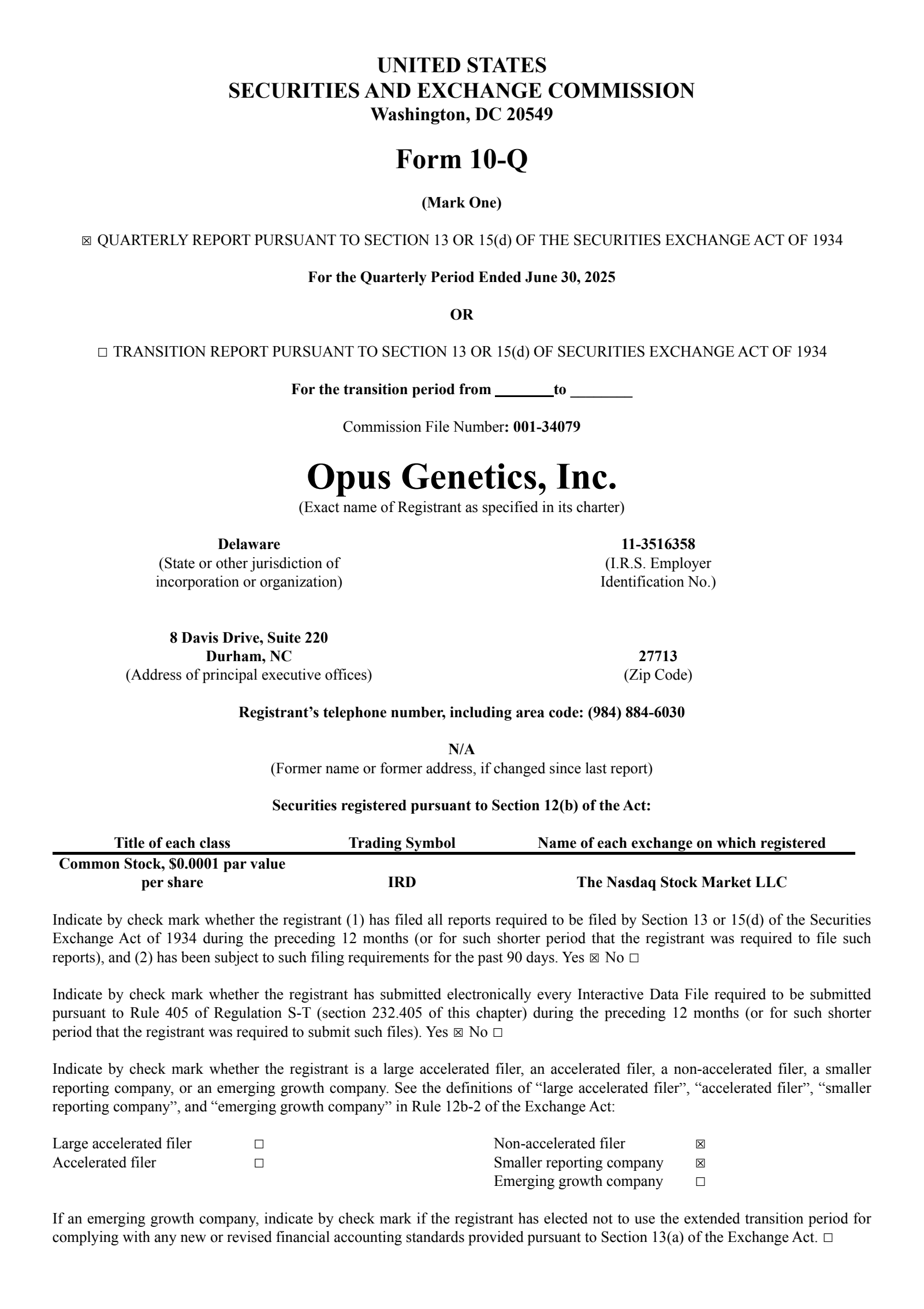 Opus Genetics' Q2 2025 Quarterly report