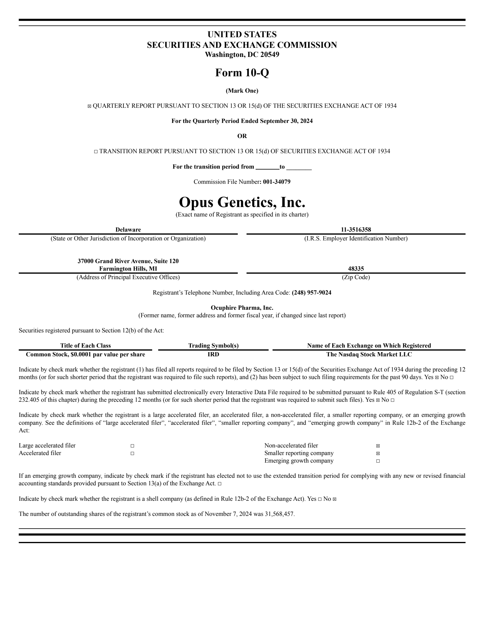 Opus Genetics' Q3 2024 Quarterly report