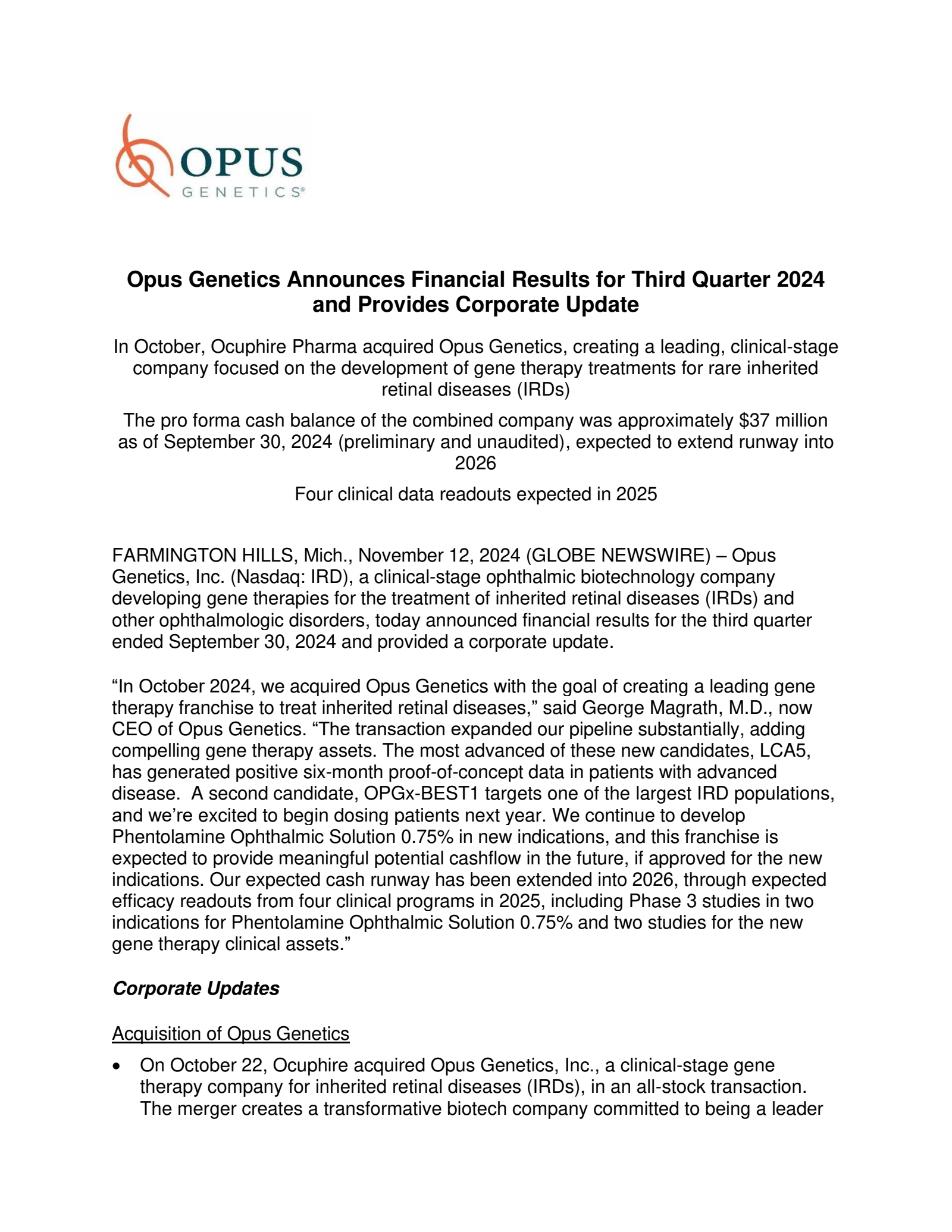 Opus Genetics' Q3 2024 Press Release