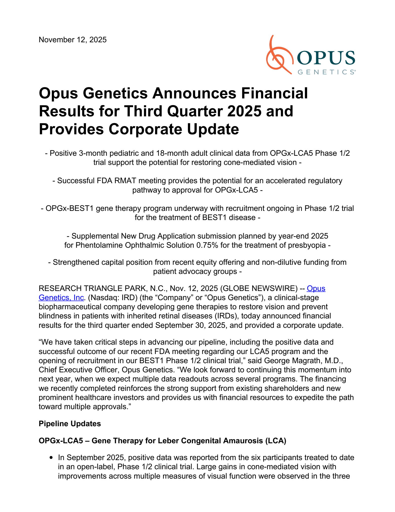 Opus Genetics' Q3 2025 Press Release