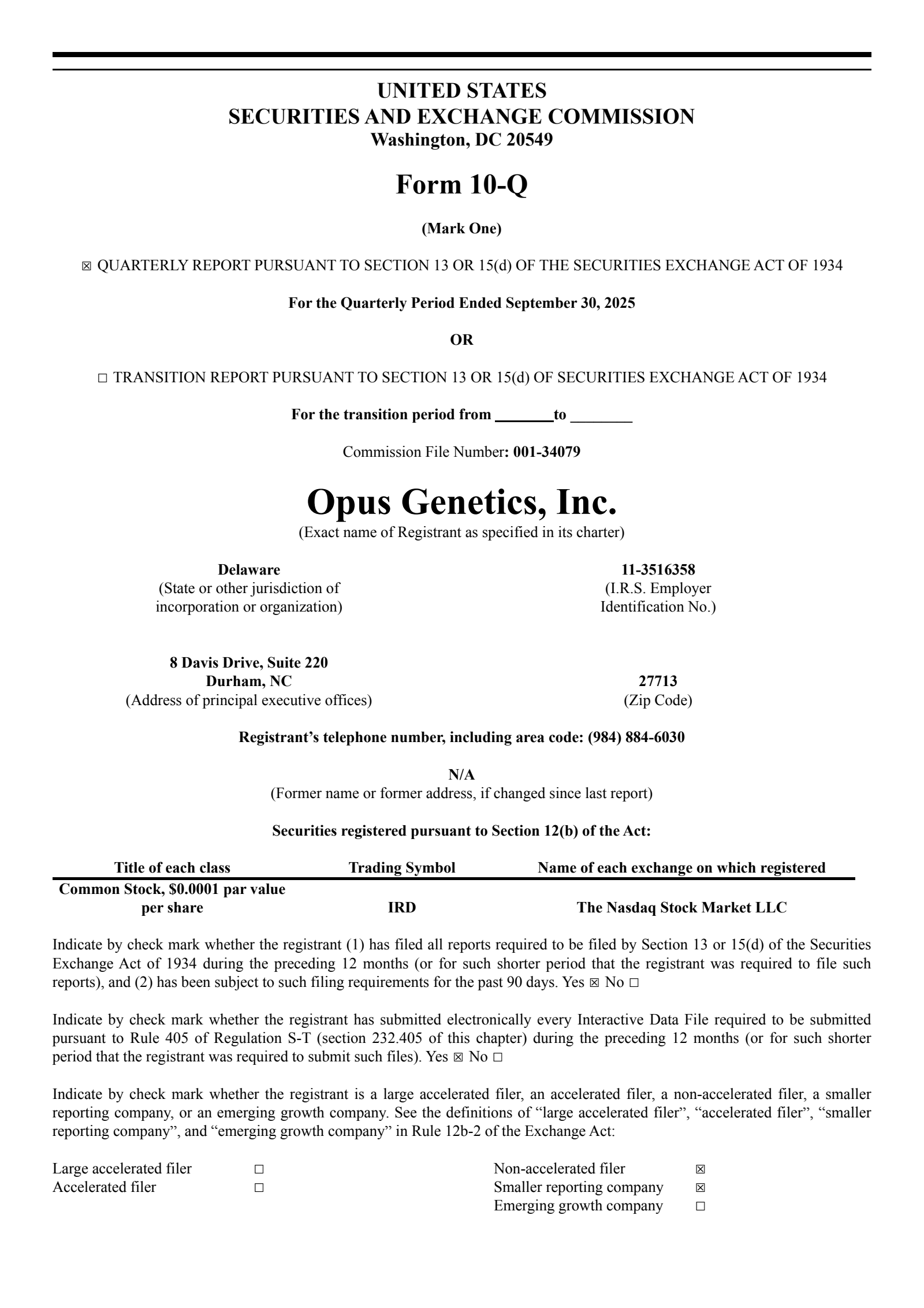Opus Genetics' Q3 2025 Quarterly report