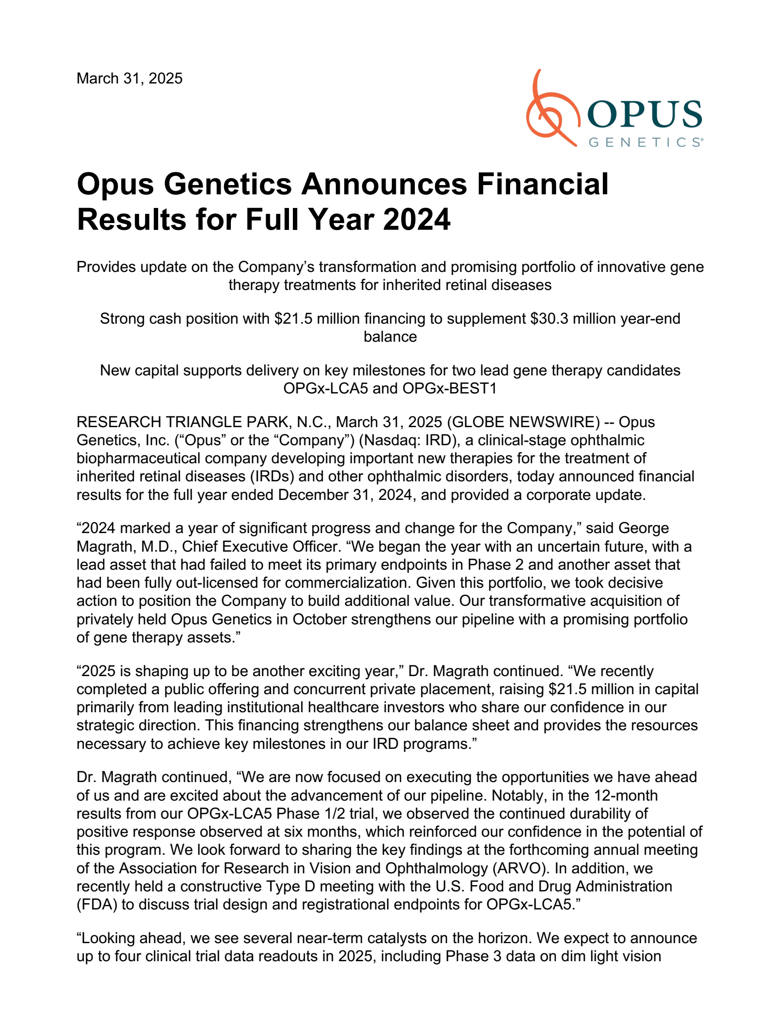 Opus Genetics' Q4 2024 Press Release