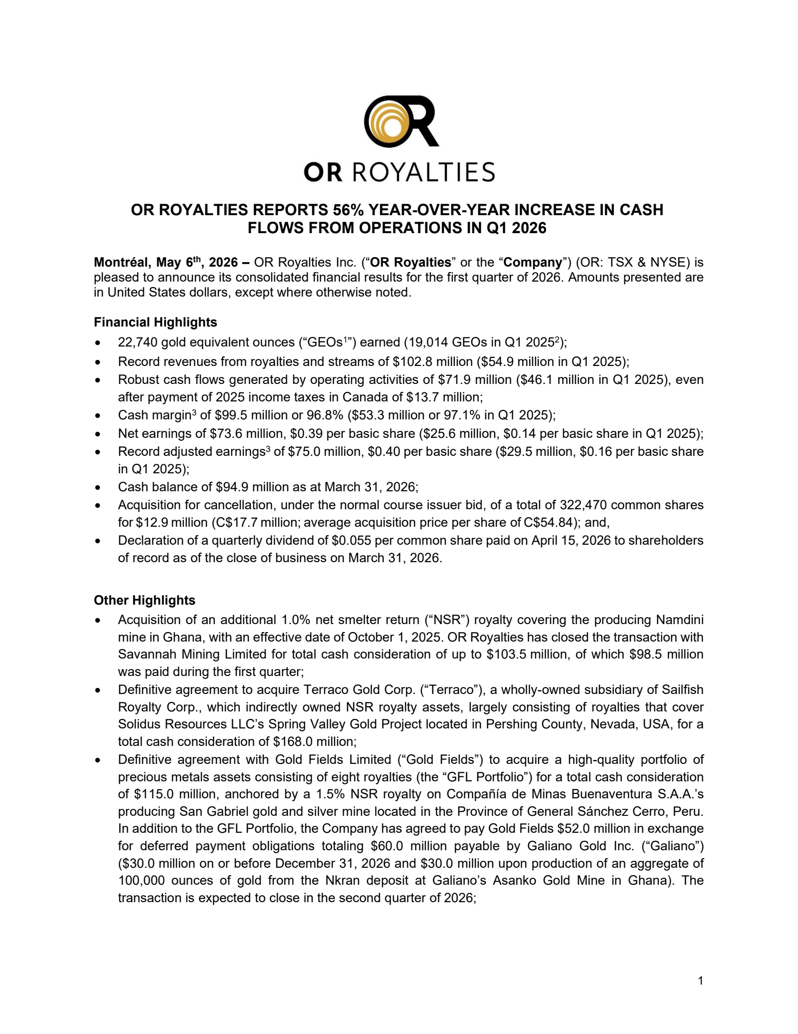 OR Royalties' Q1 2026 Press Release