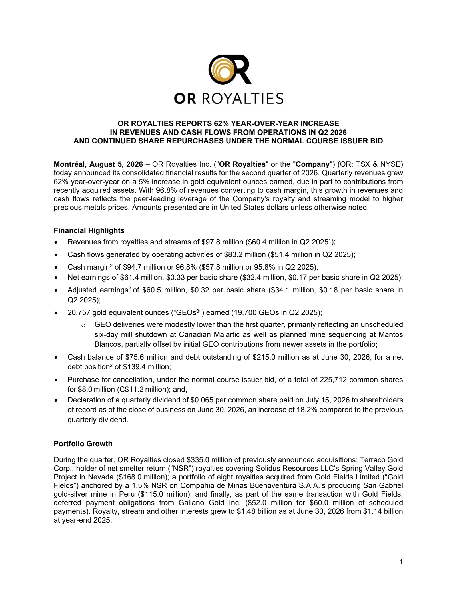 OR Royalties' Q2 2026 Press Release