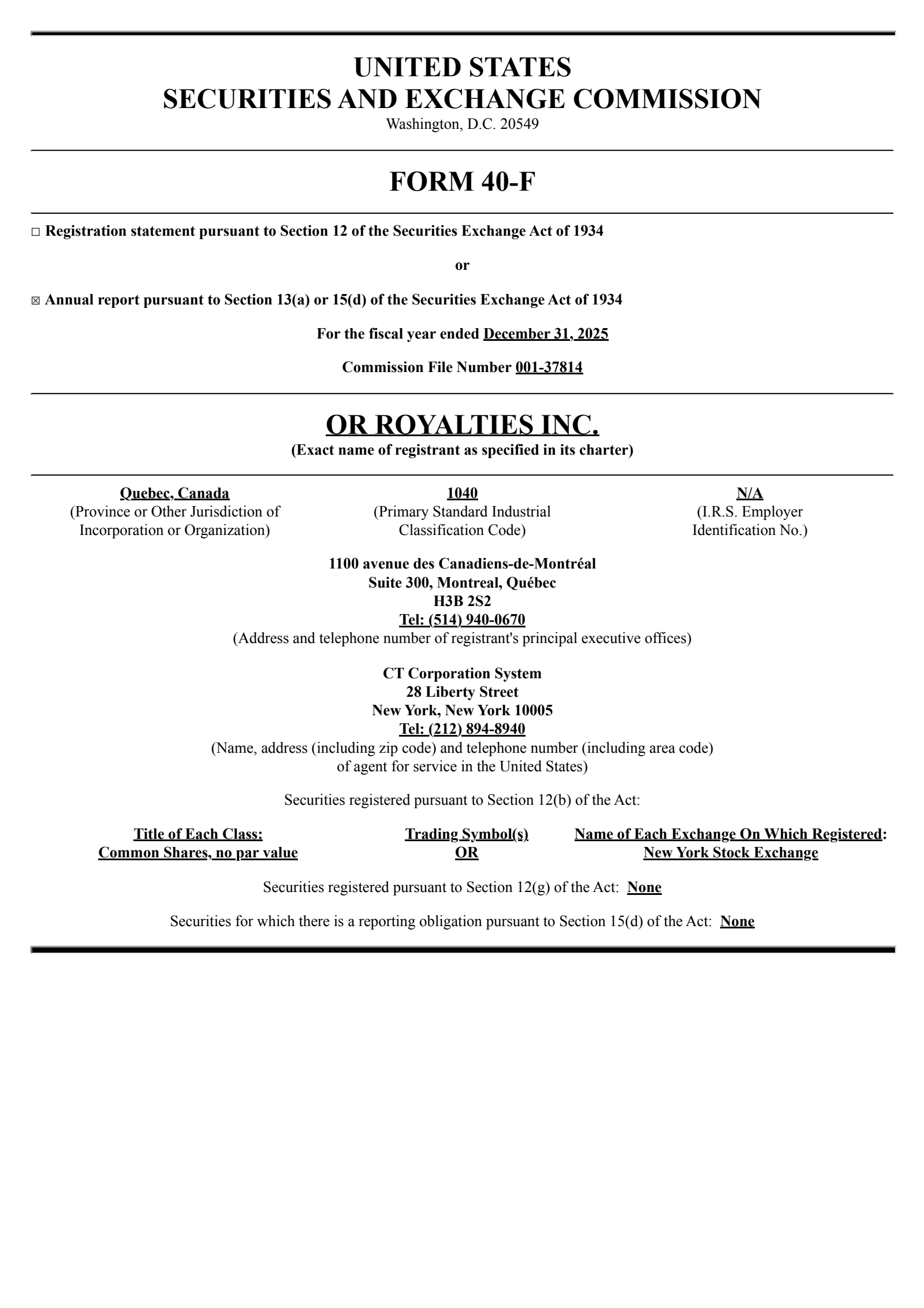 OR Royalties' Q4 2025 Annual report