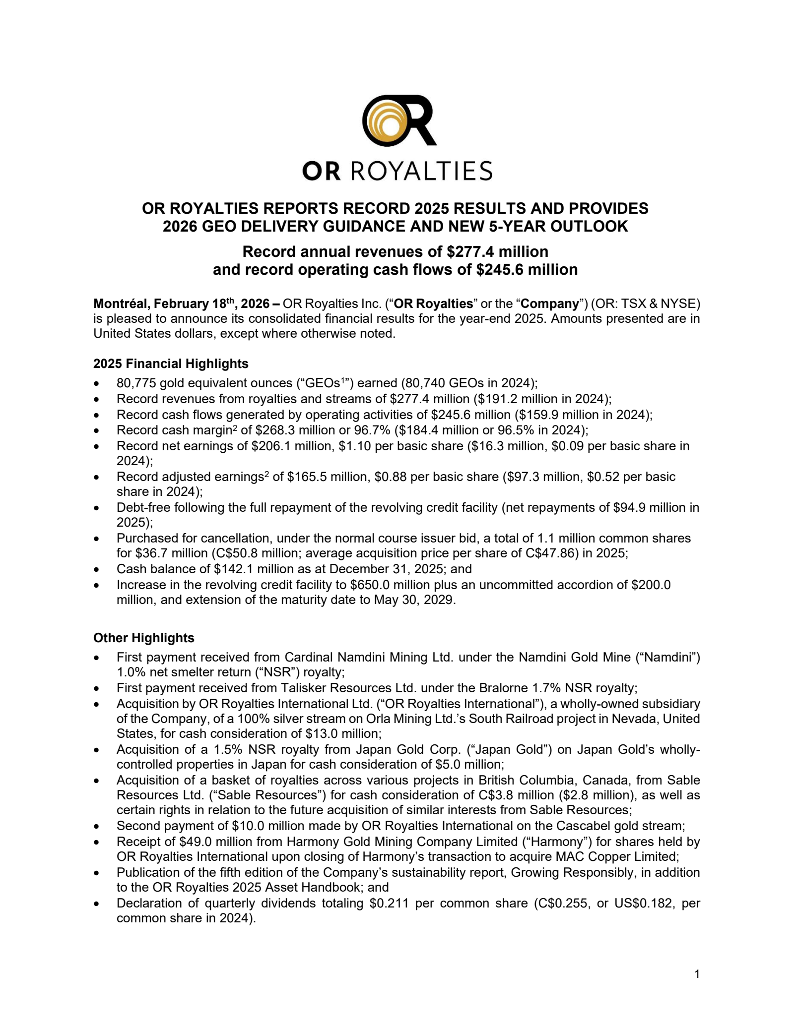 OR Royalties' Q4 2025 Press Release