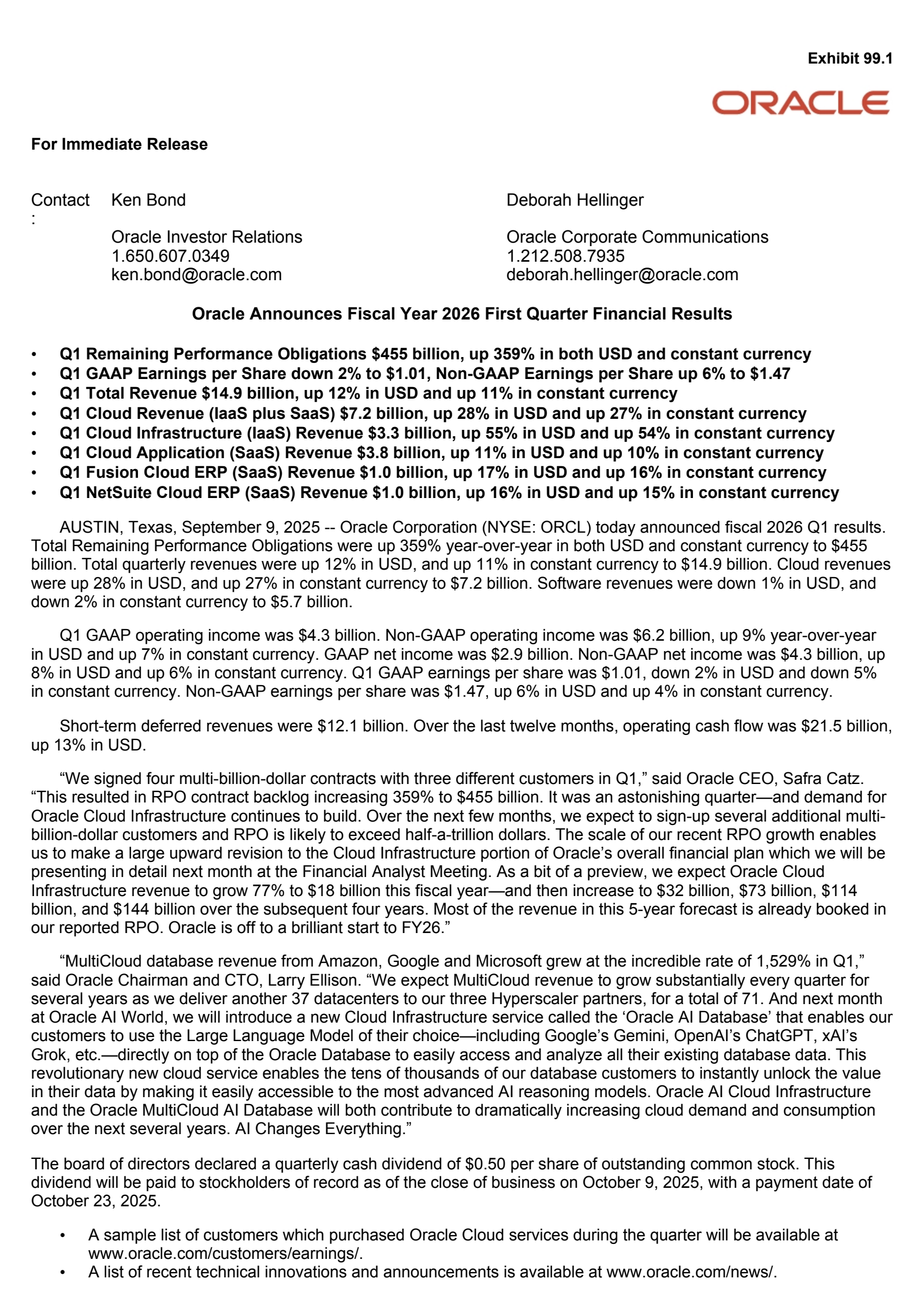 Oracle's Q1 2026 Earnings Release