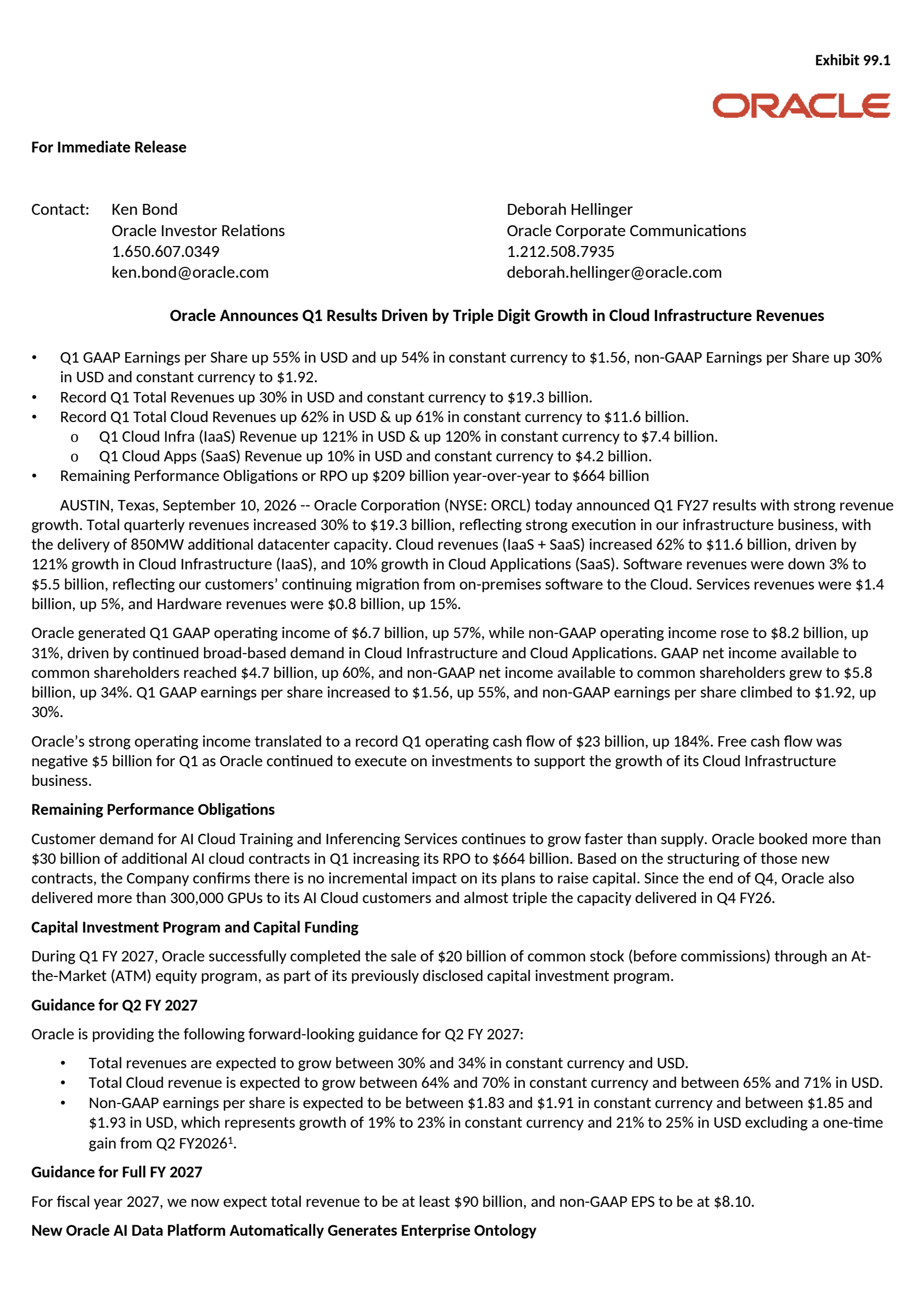 Oracle's Q1 2027 Press Release