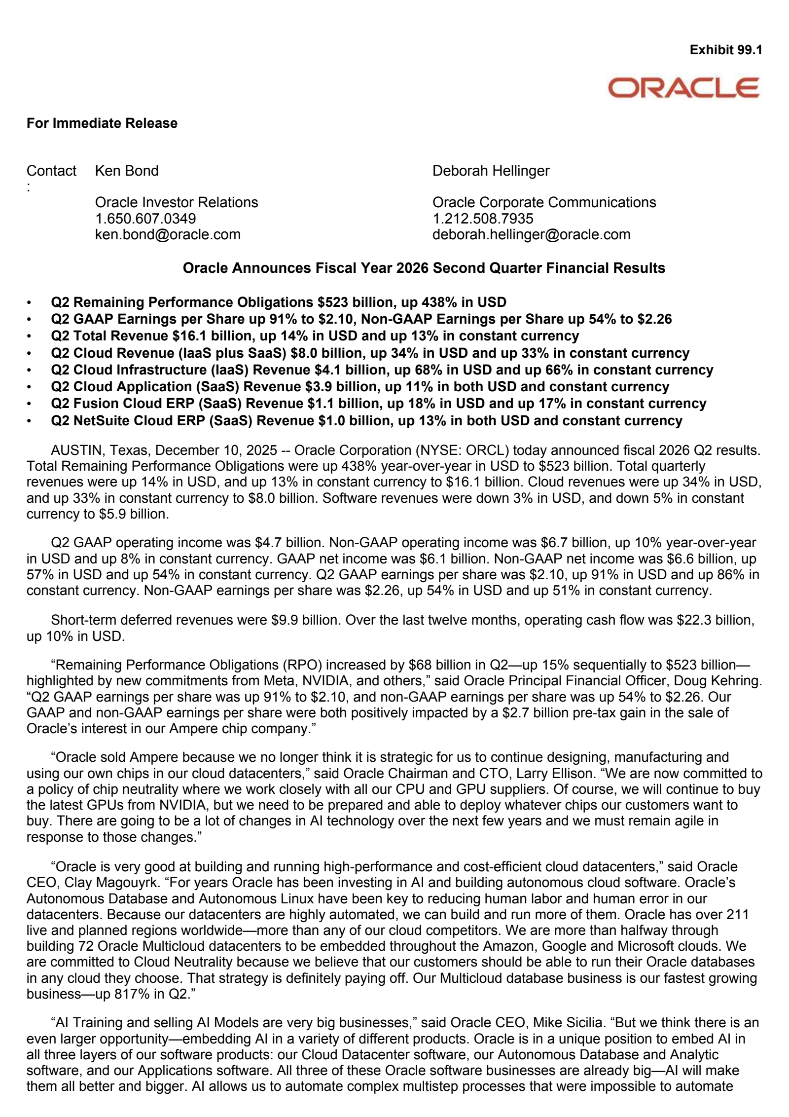 Oracle's Q2 2026 Earnings Release