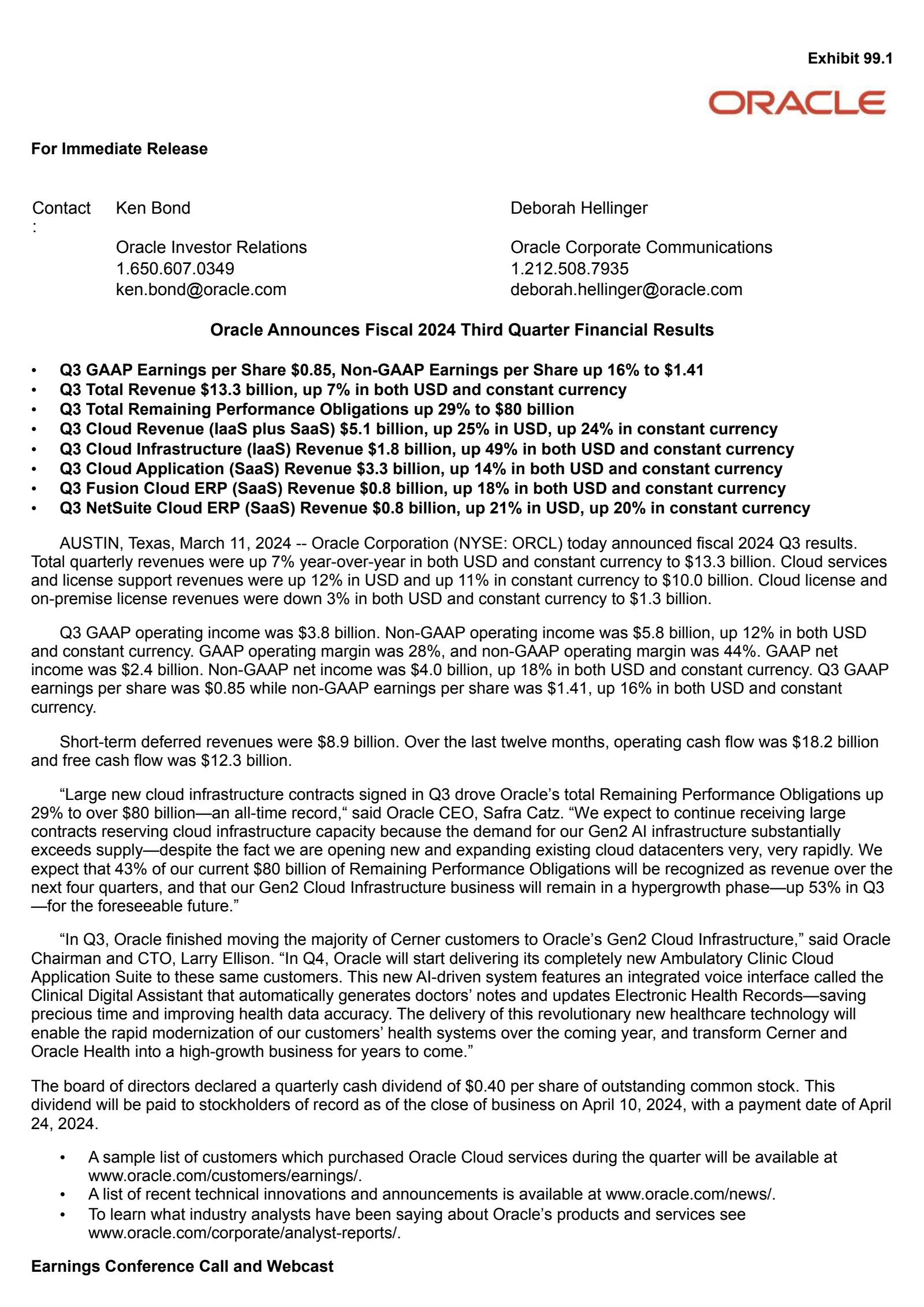 Oracle's Q3 2024 Press Release