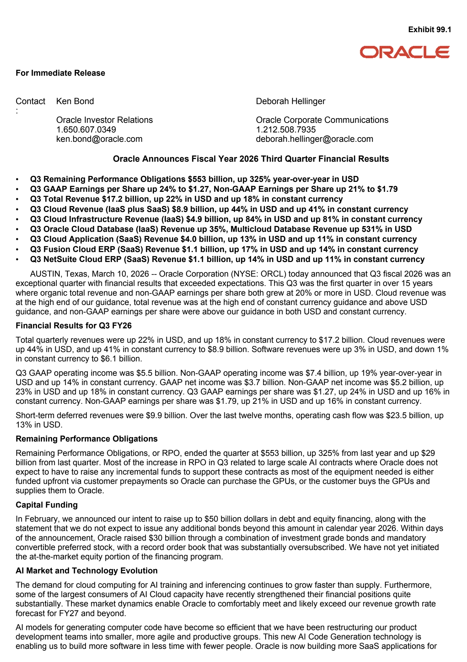 Oracle's Q3 2026 Press Release