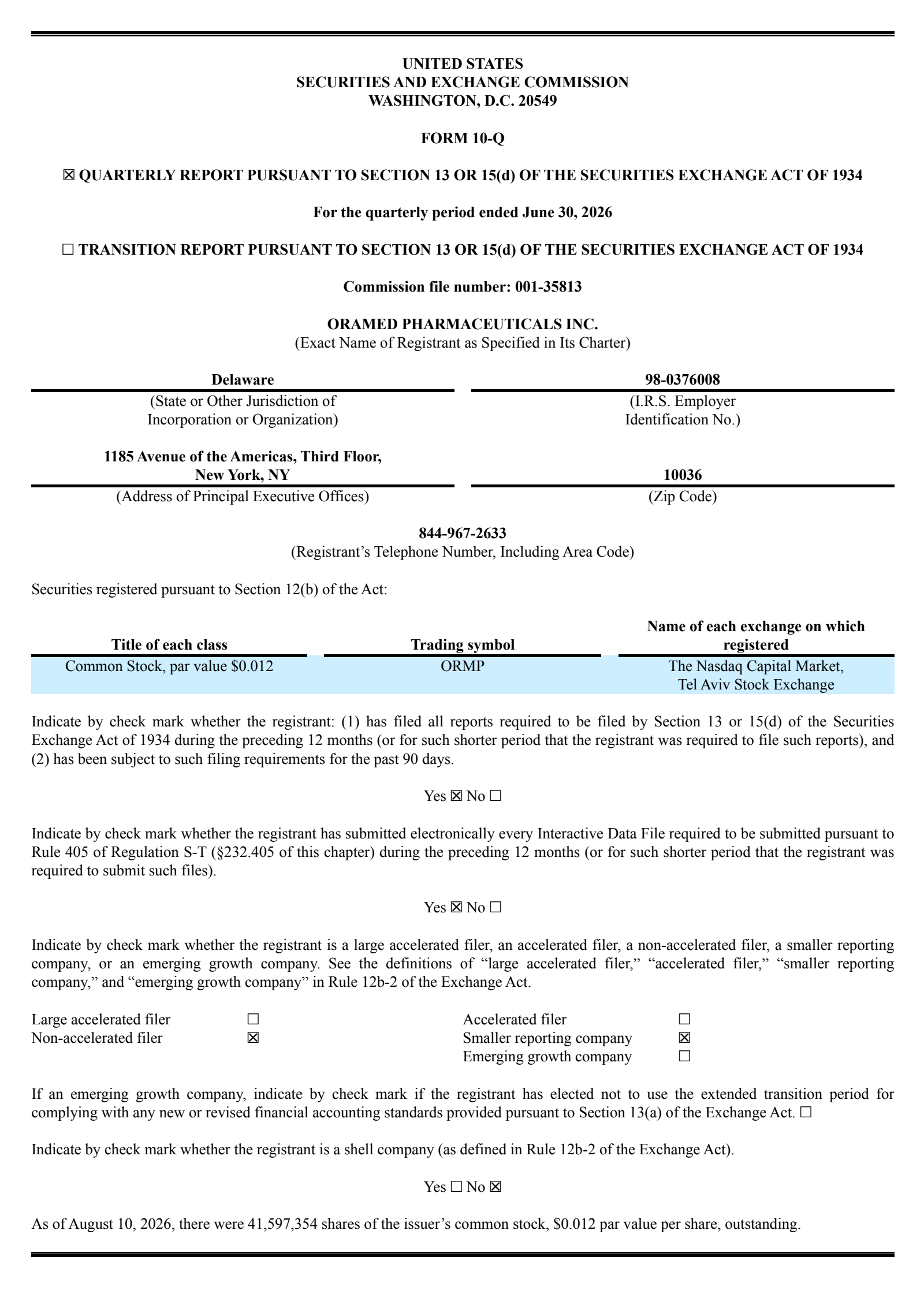 Oramed Pharmaceuticals' Q2 2026 Quarterly report