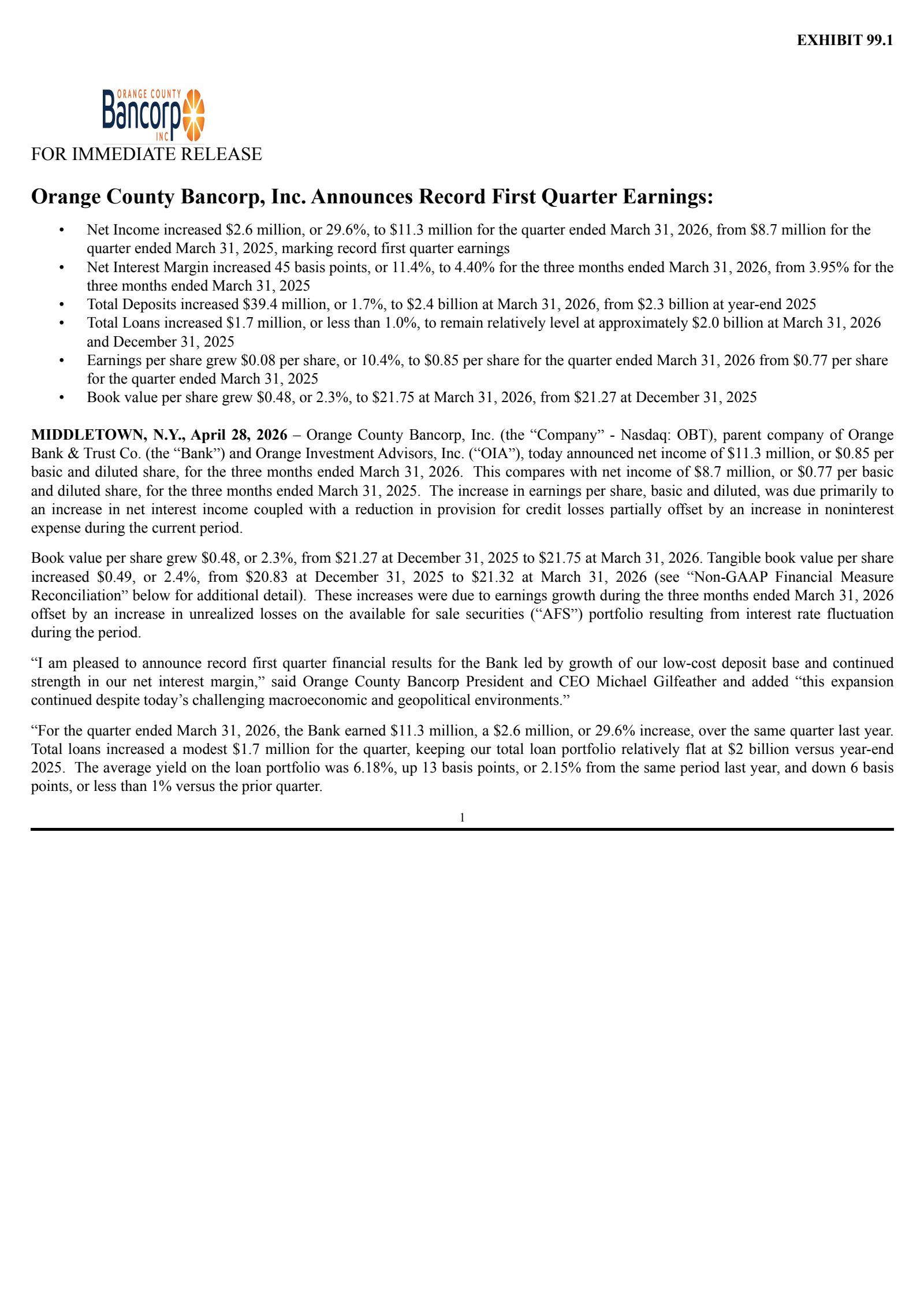 Orange County Bancorp's Q1 2026 Press Release