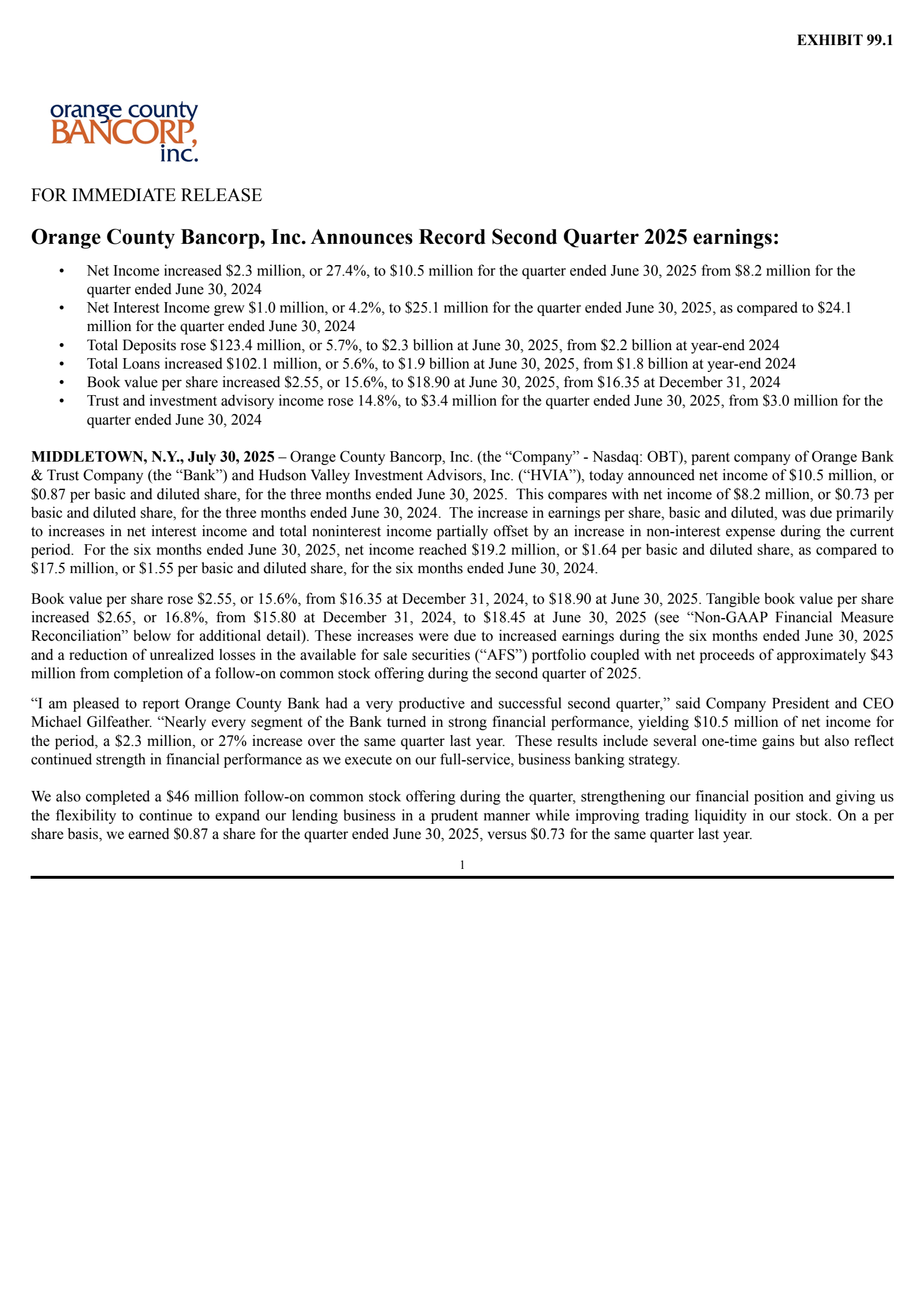 Orange County Bancorp's Q2 2025 Press Release