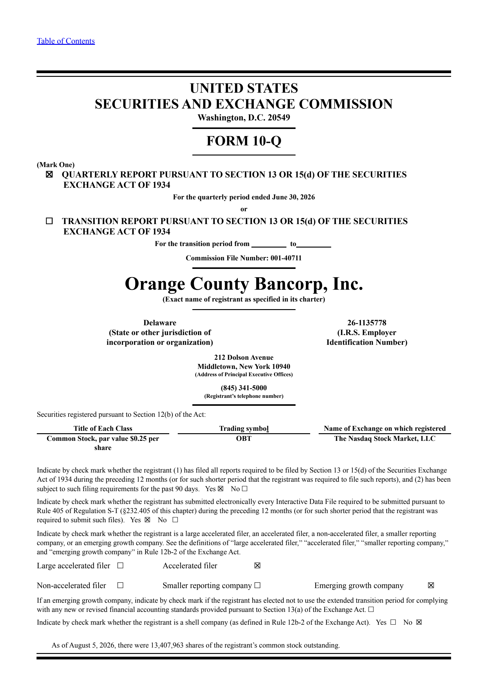 Orange County Bancorp's Q2 2026 Quarterly report