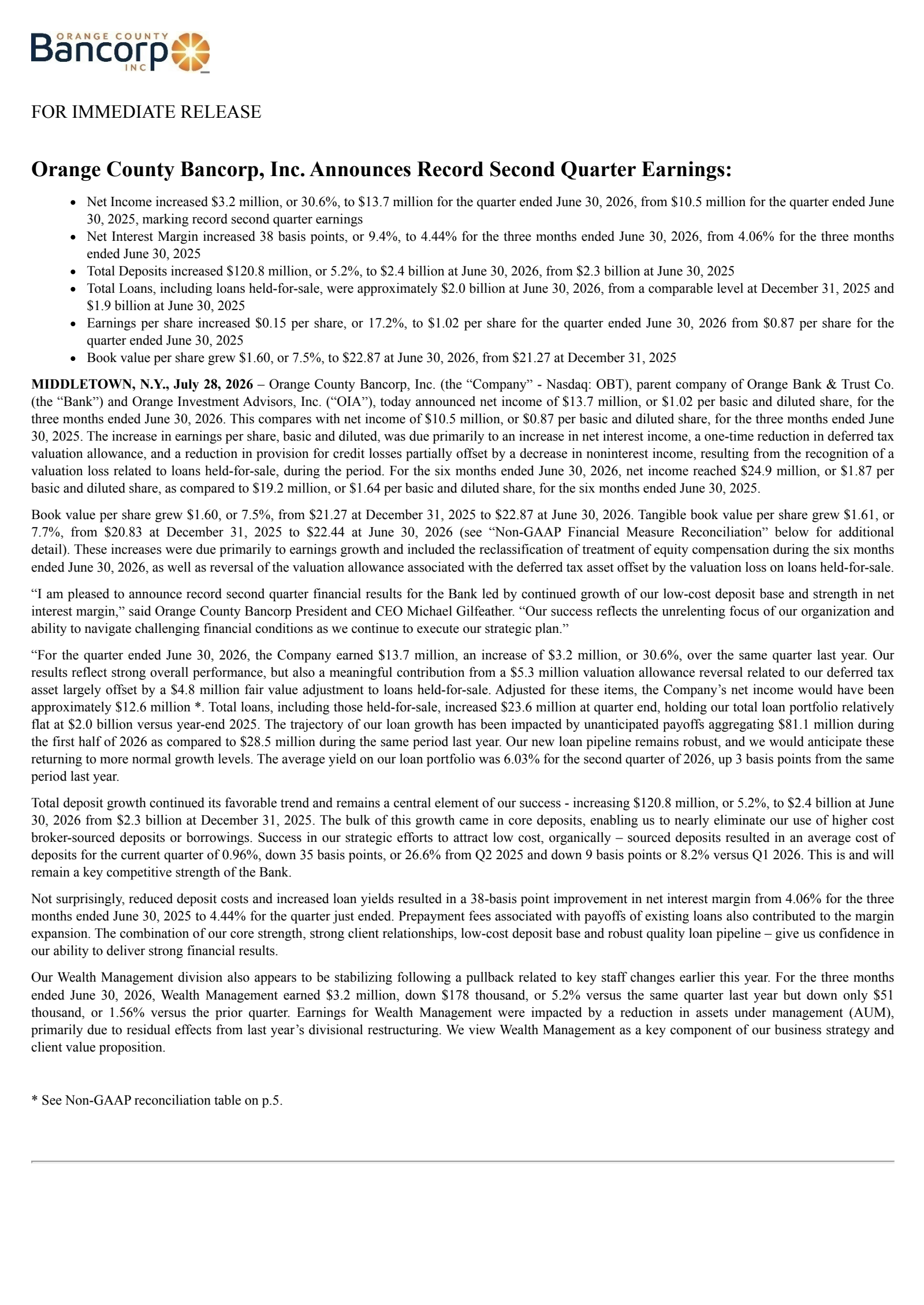 Orange County Bancorp's Q2 2026 Press Release