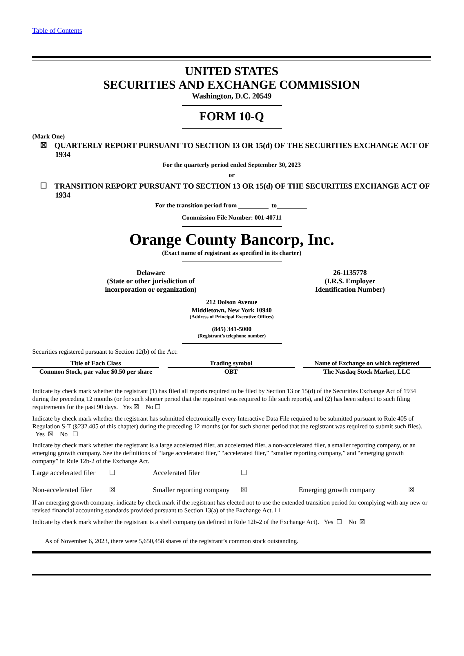 Orange County Bancorp's Q3 2023 Quarterly Report