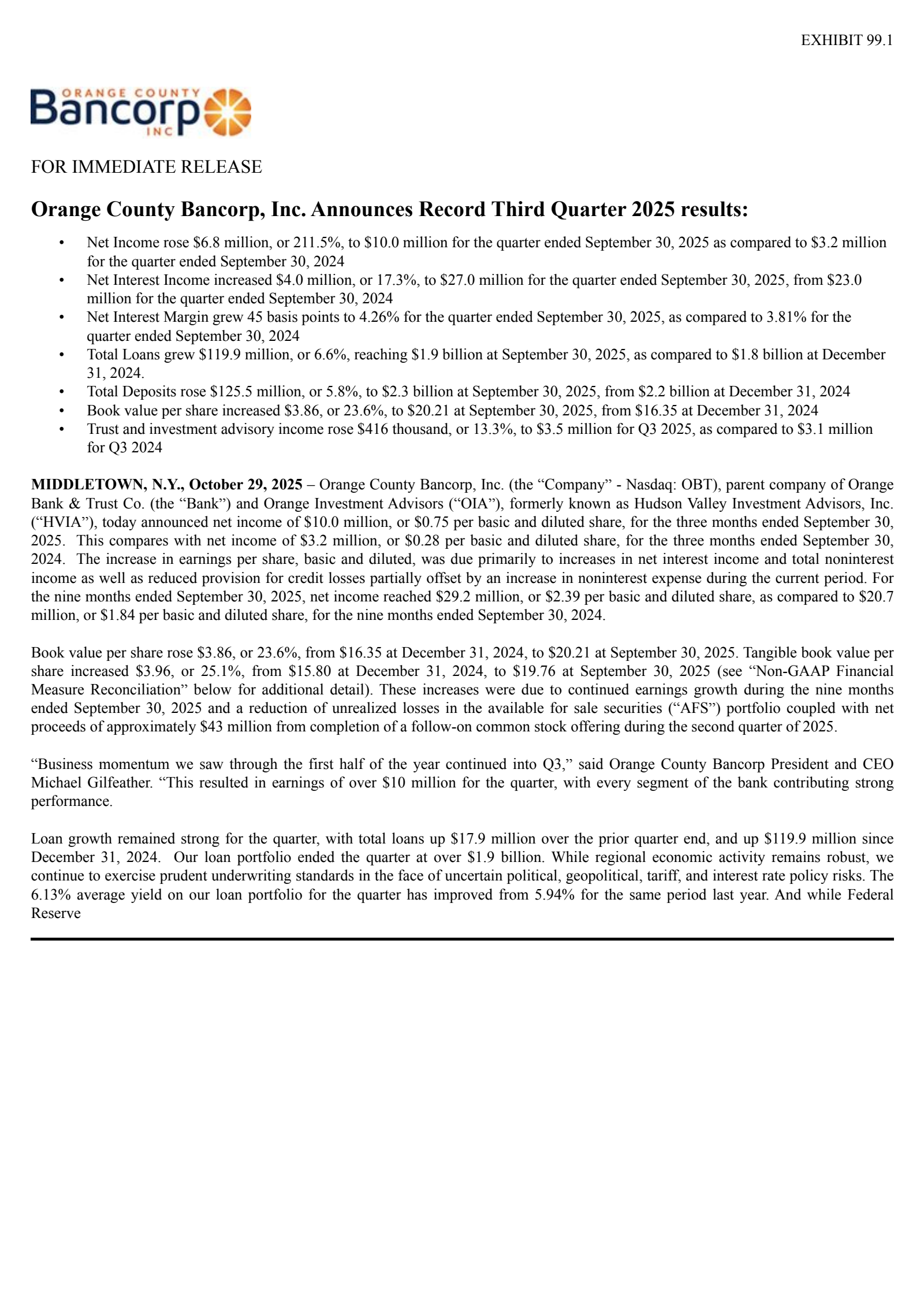 Orange County Bancorp's Q3 2025 Earnings Release
